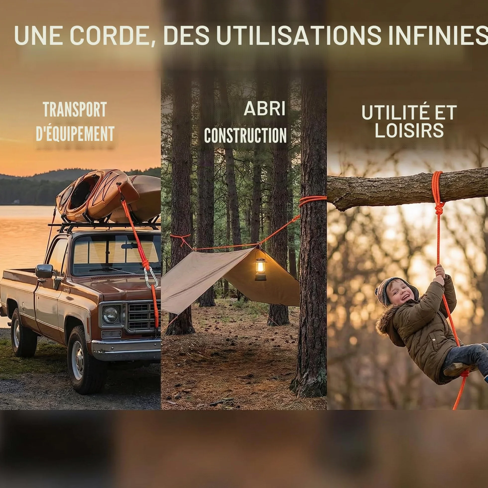Corde Tressée Polypropylène avec Mousqueton Anti-Corrosion pour Escalade Pêche Alpinisme