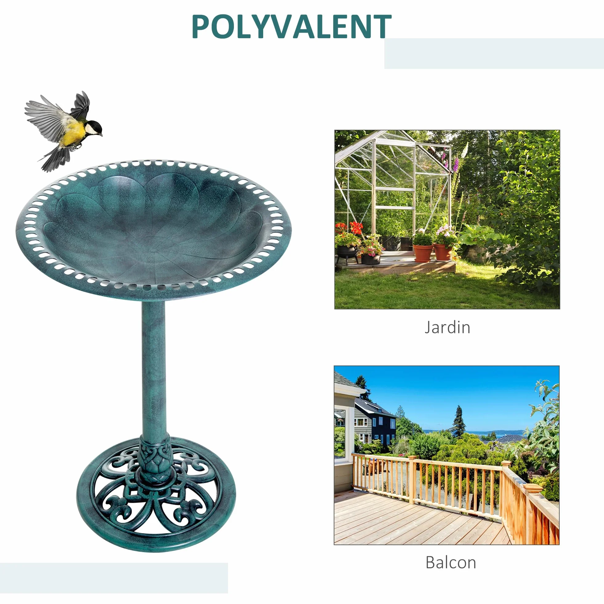 Outsunny Bain d'oiseaux Plateau 50cm, Abreuvoir Oiseaux extérieur Pied 69,5cm, Mangeoire Design Coquille Fleur-de-lys