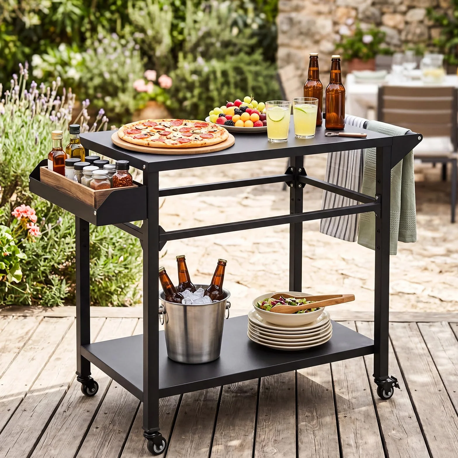 COSTWAY Chariot de Barbecue d'Extérieur 2 Niveaux, Table de Four à Pizza Mobile 100 x 45 x 80 cm