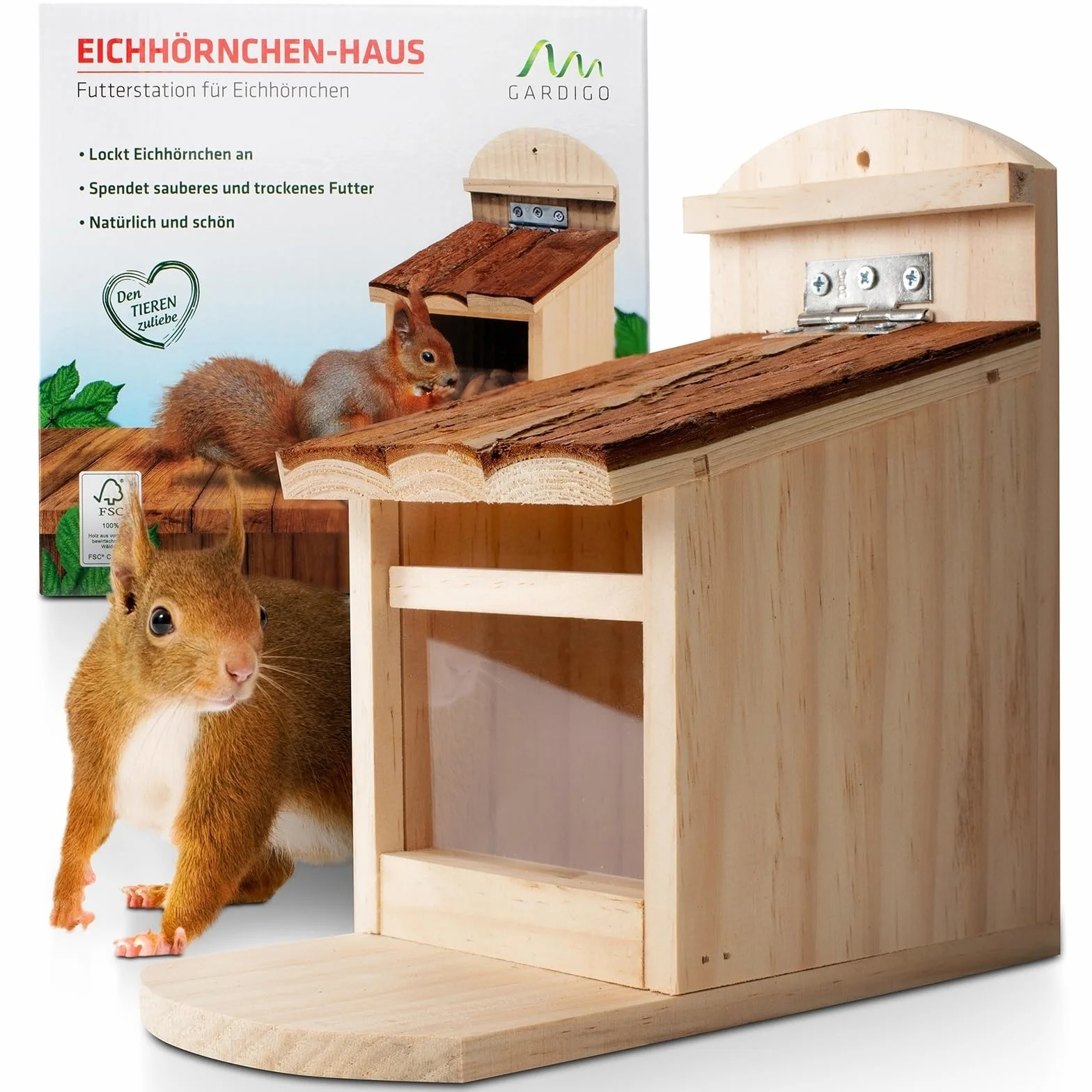 GARDIGO Mangeoire Écureuil Extérieur avec Toit Ouvrant Distributeur Nourriture en Bois
