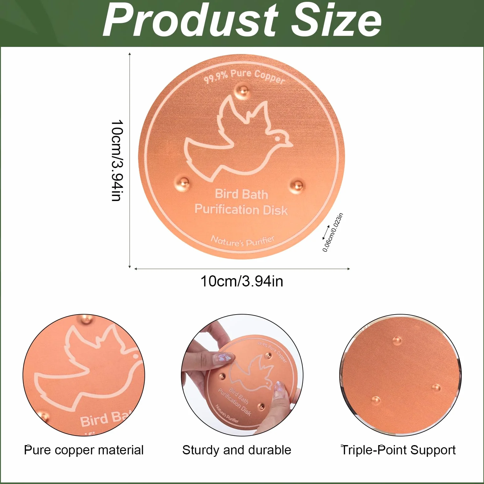 Disque de nettoyage en cuivre pur 99,99% 100 mm pour bain d'oiseaux, renforcé 0,6 mm