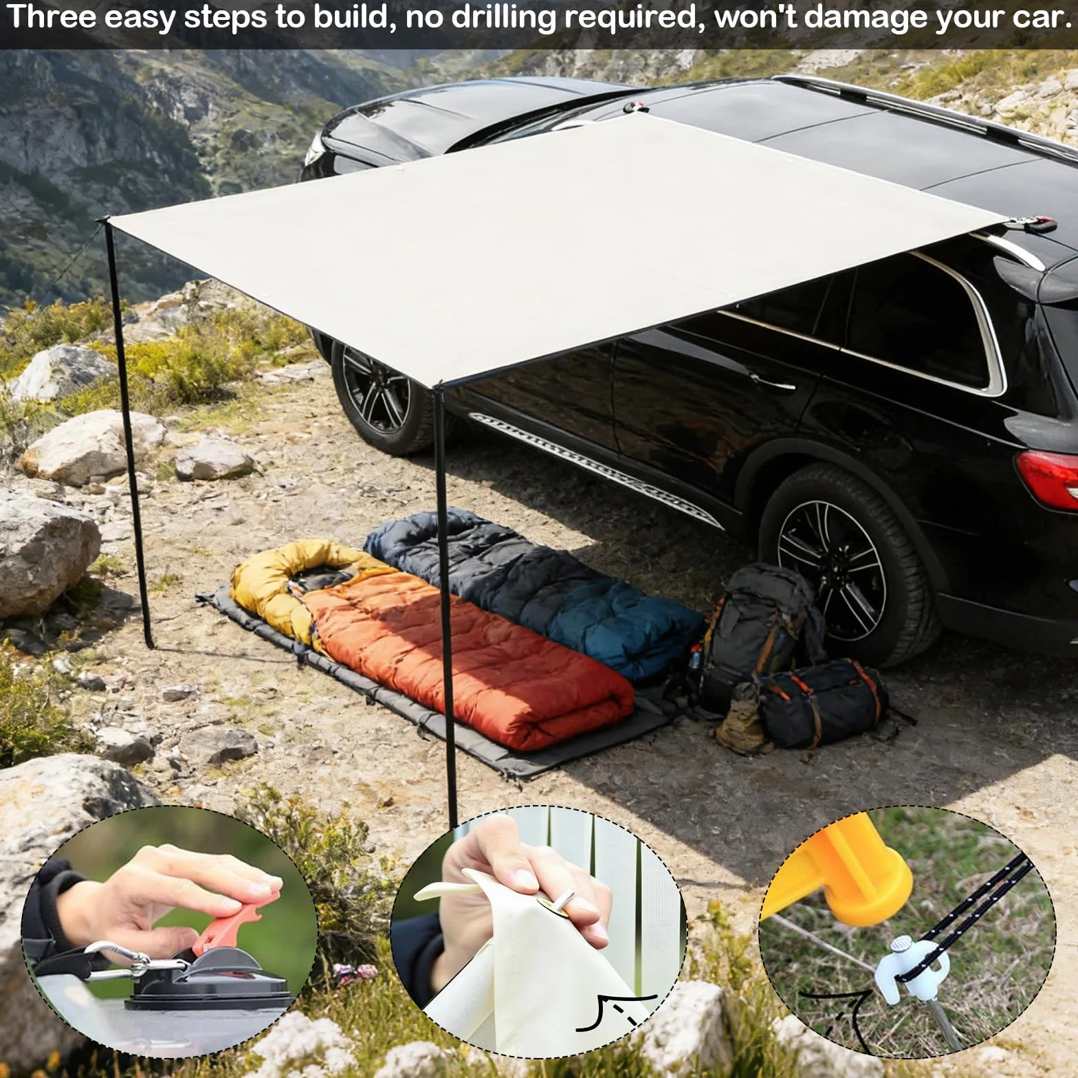 Kit de Auvent Voiture Rétractable, 200x300cm, avec 2 Poteaux, 8 Câbles de Haubanage, 8 Sardines, 2 Ventouses, Sac de Rangement et Sac de Transport, UPF50+, PU3000+, pour Aventures (Blanc)