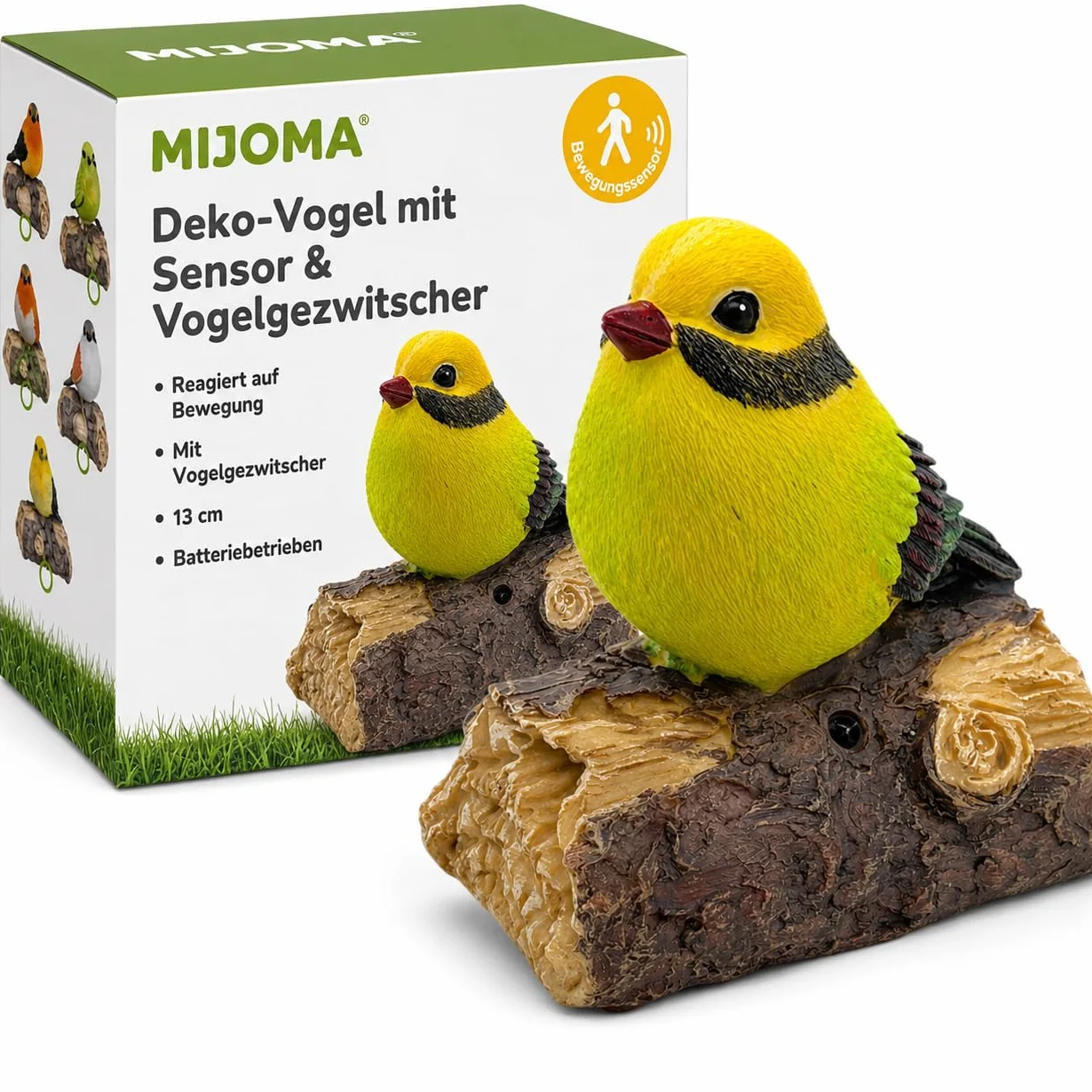 Oiseau décoratif avec gazouillis et détecteur de mouvement - MIJOMA, peint à la main, 13 cm, piles, décoration d'intérieur réaliste jaune-vert