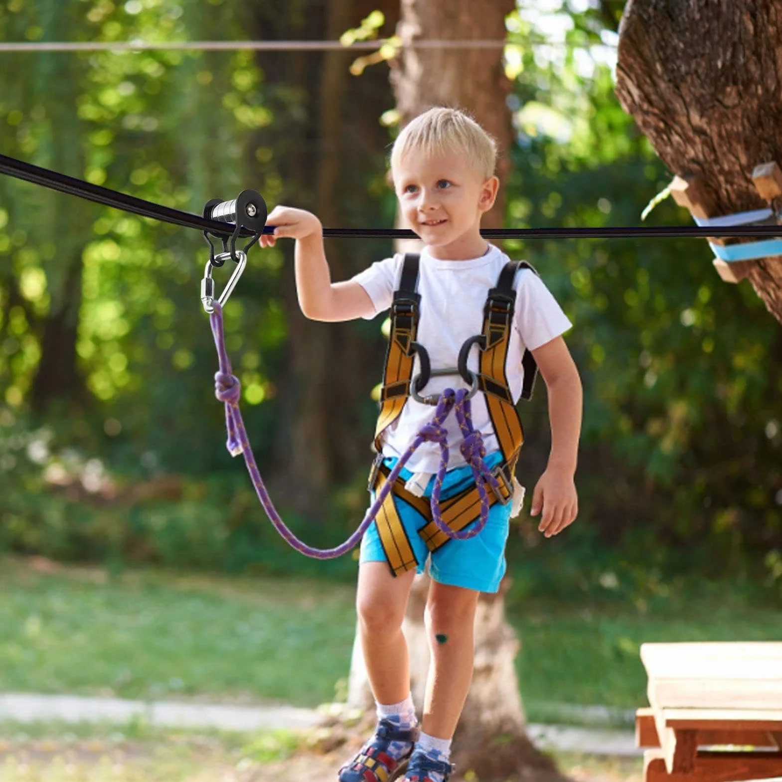 Poulie Slackline pour Enfants et Adults | Tyrolienne de Câble avec 5 Rouleaux | Tyrolienne de Sport en Plein Air, Glisse Facilement
