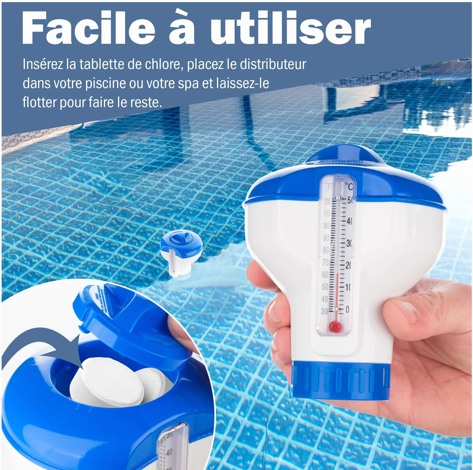 Distributeur de Chlore Flottant avec Thermomètre Intégré pour Piscine et Spas – Contrôle du Débit Réglable