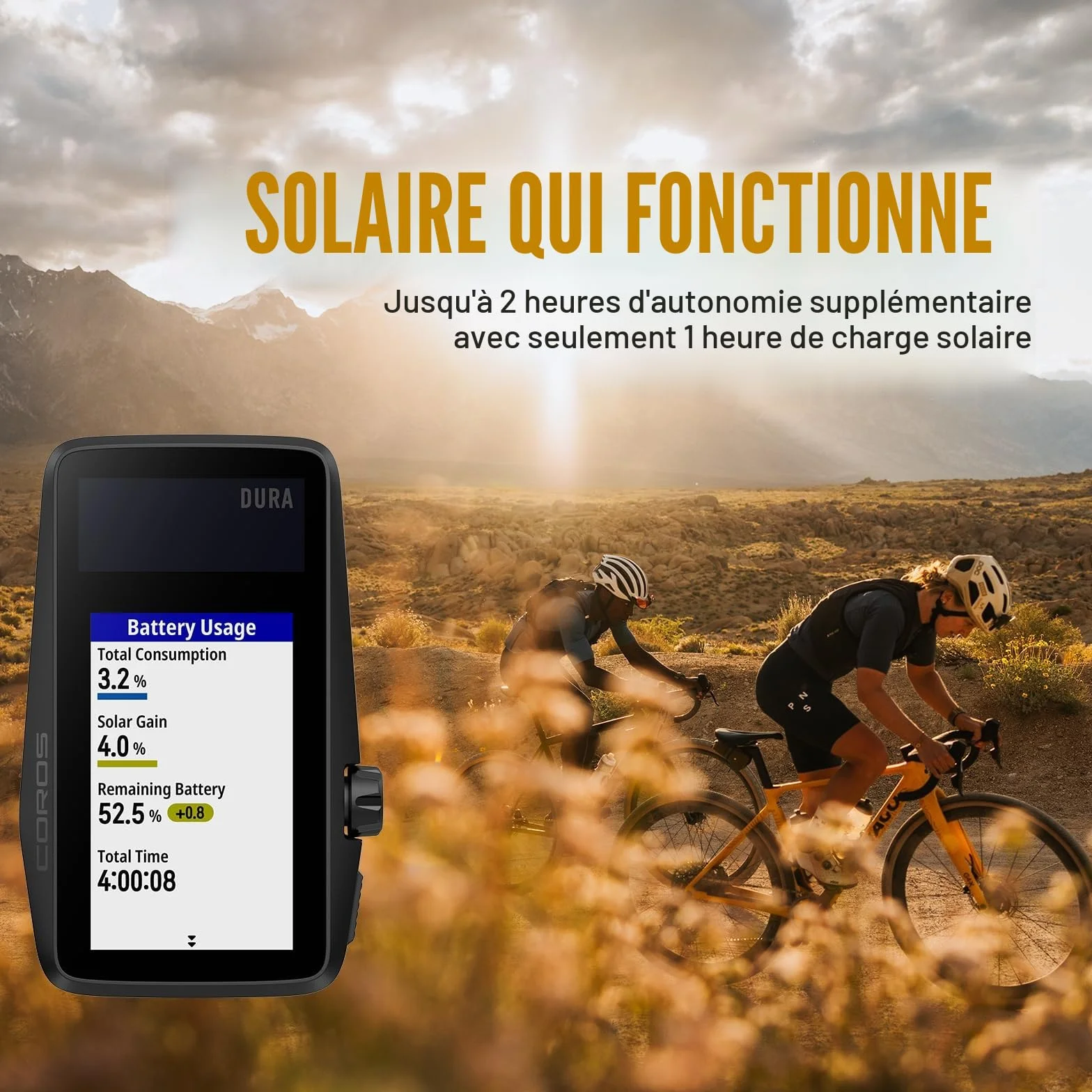 COROS DURA Compteur Vélo Solaire, 120 Heures d'autonomie GPS, Recharge Solaire, écran Tactile Couleur MIP de 2,7", synchronisation Rapide des données, Navigation Turn-by-Turn, GPS vélo