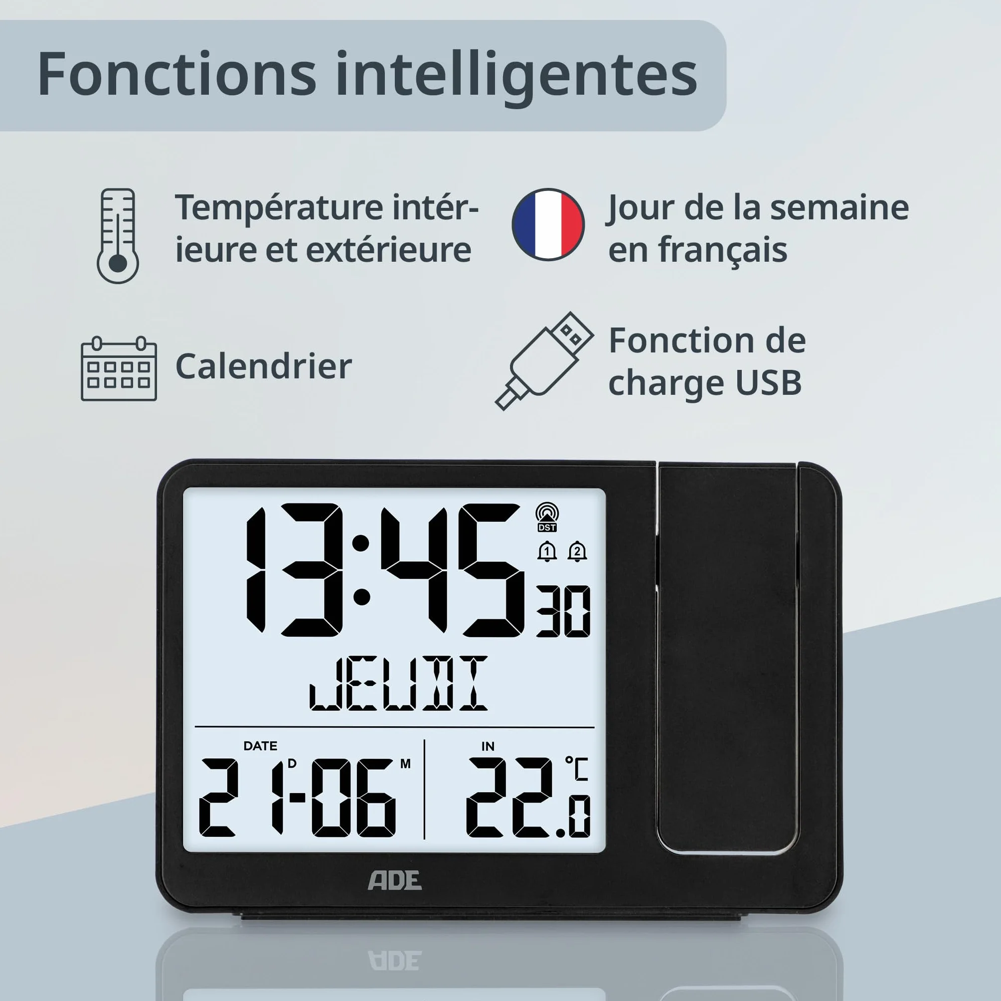 ADE Réveil Radio piloté Horloge numérique avec capteur extérieur Affichage température Date Jour Semaine Noir