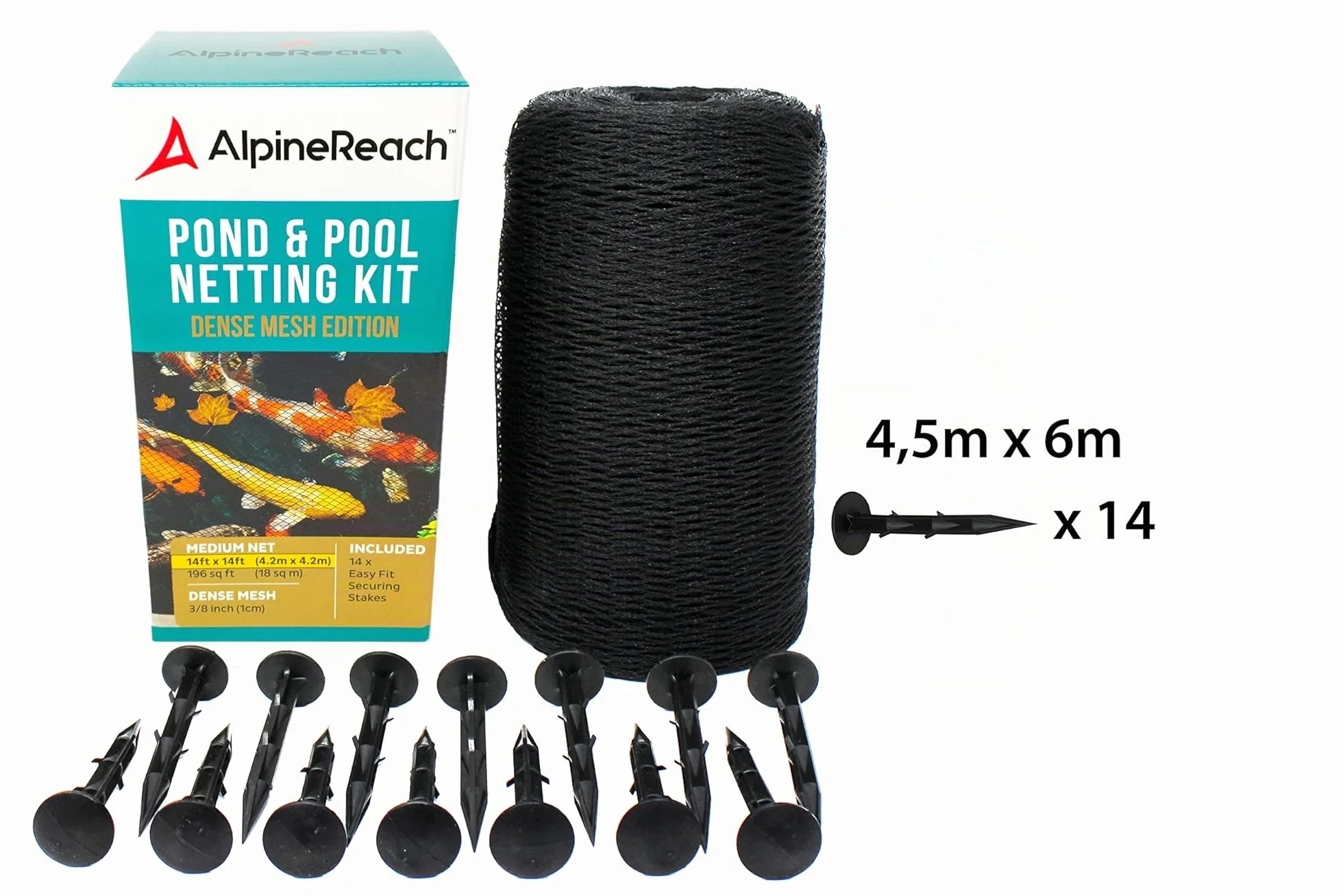 AlpineReach Filet pour Bassin à Koï 4,5m x 6m Noir, Mailles Fines Protection Oiseaux Chats Prédateurs UV, Piquets Inclus