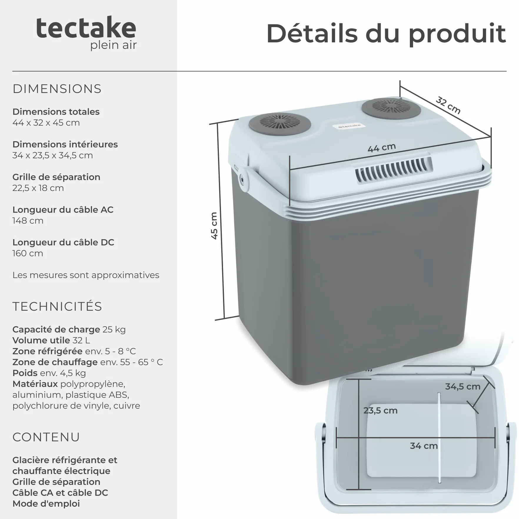 tectake® Glacière électrique 2en1 réfrigérante et chauffante 32 ou 40 L, Poignées de Transport, Mode ECO, Connexion Secteur 220V, Allume Cigare 12V, Glaciere Electrique Camping Pique Nique Plage
