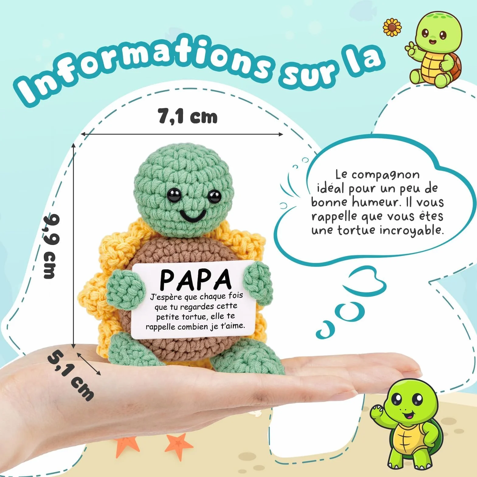 CheriGift Cadeau Fête des Pères Tortue en Crochet Main avec Carapace en Tournesol 10x7x5cm
