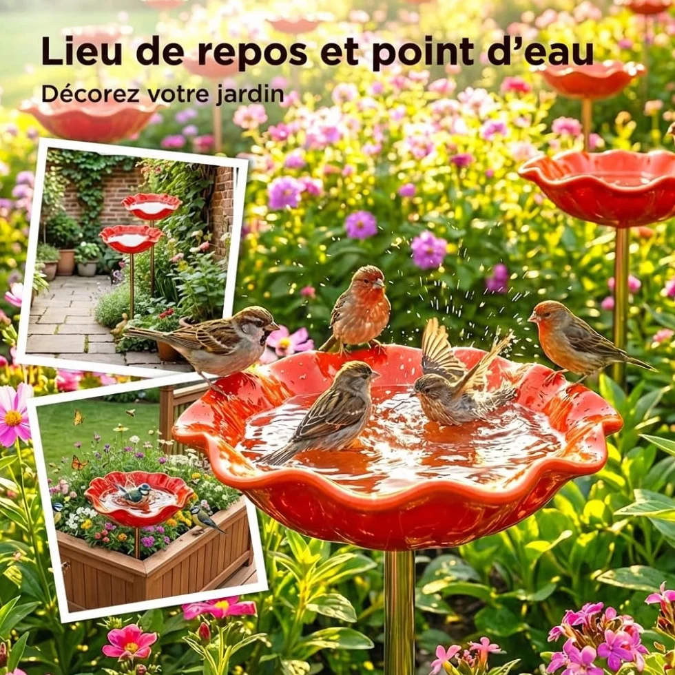 Mangeoire Oiseaux Exterieur en Fonte, Abreuvoir Bain Oiseaux Hauteur, Decoration Jardin (Rouge 2 Pcs)
