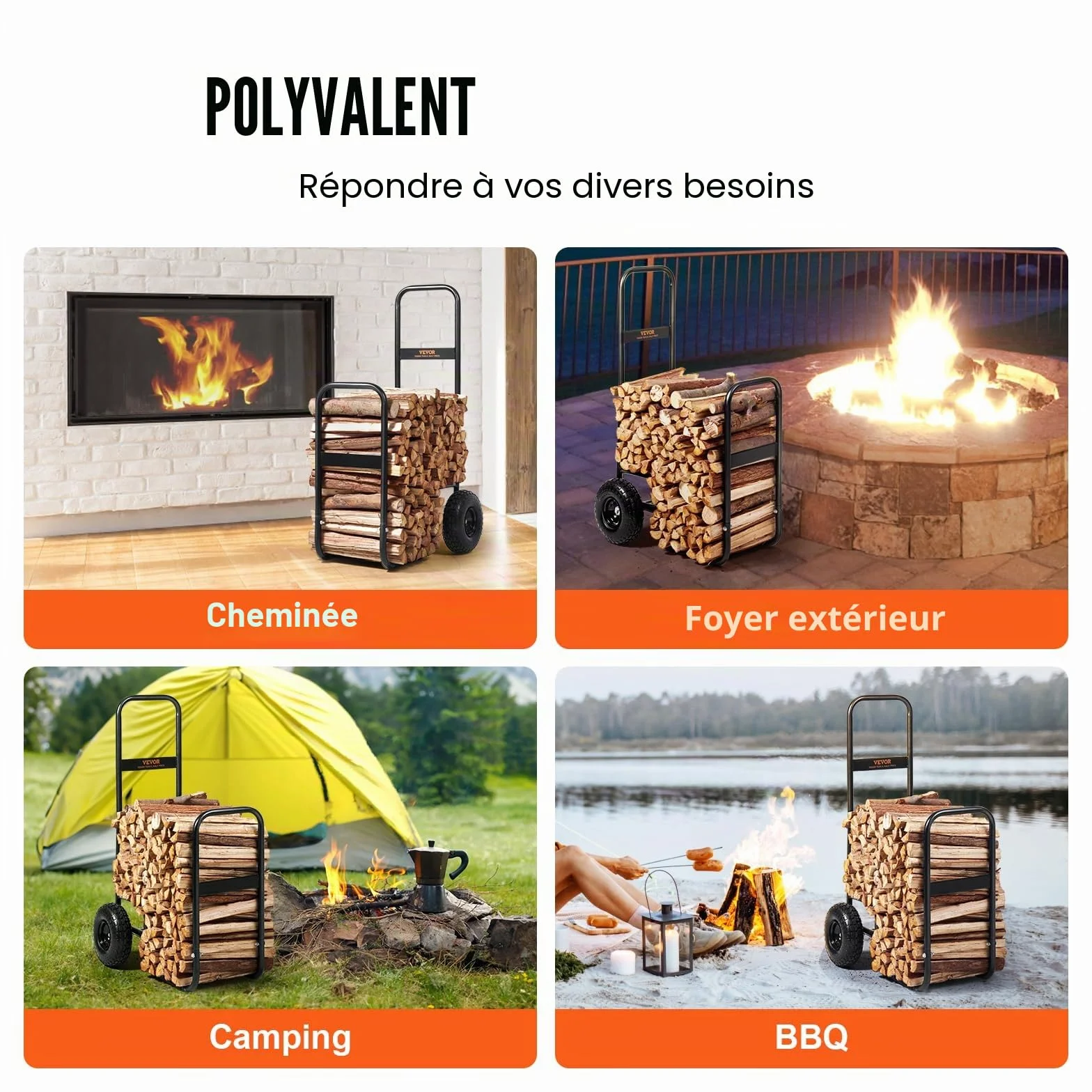 VEVOR Chariot Transport Bois de Chauffage 113,4 kg Acier 67x52x110 cm Roues Gonflables Caoutchouc Noir