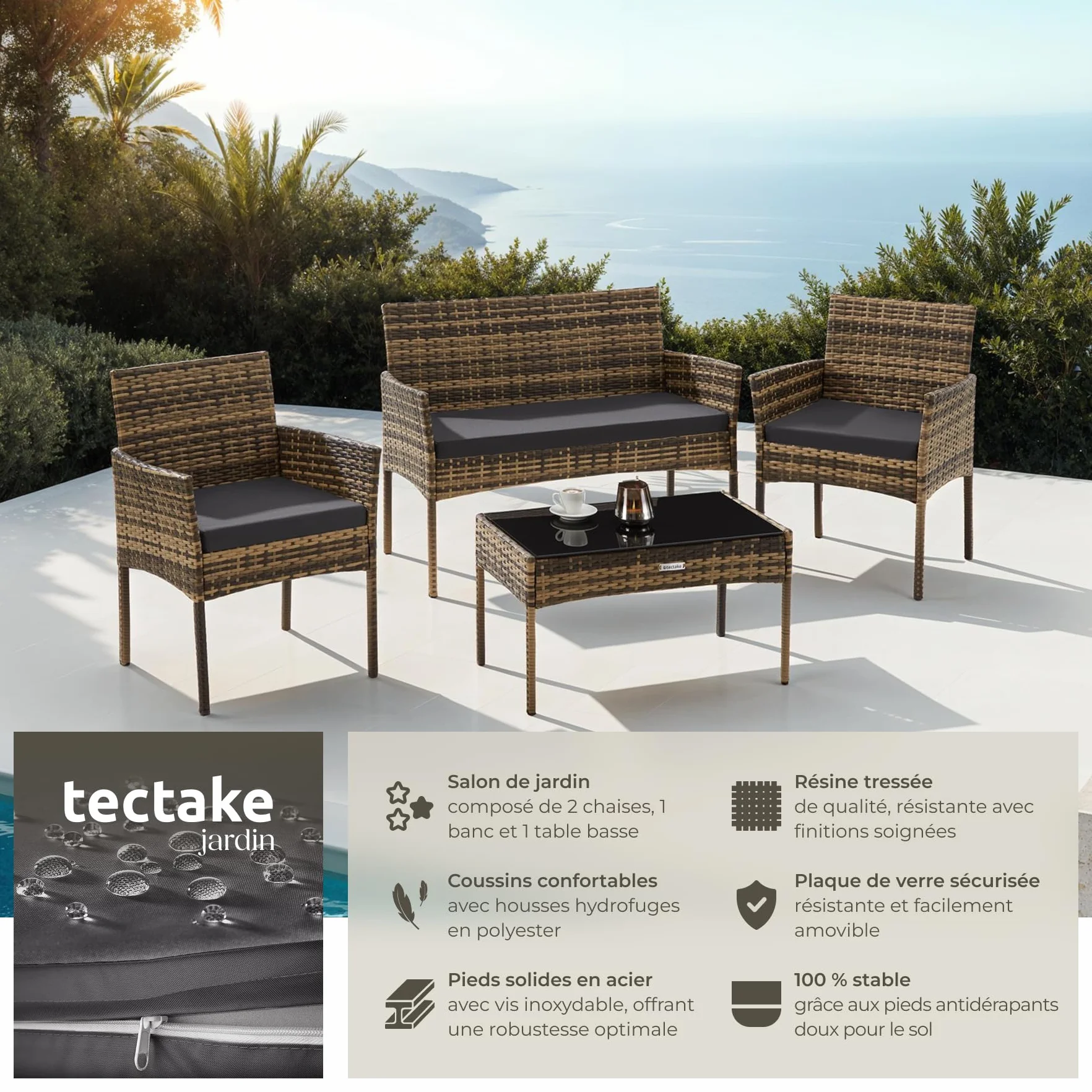 Tectake Ensemble Salon de Jardin en Résine tressée Canapé 2 Places 2 Fauteuils et 1 Table de Jardin Coussins Inclus