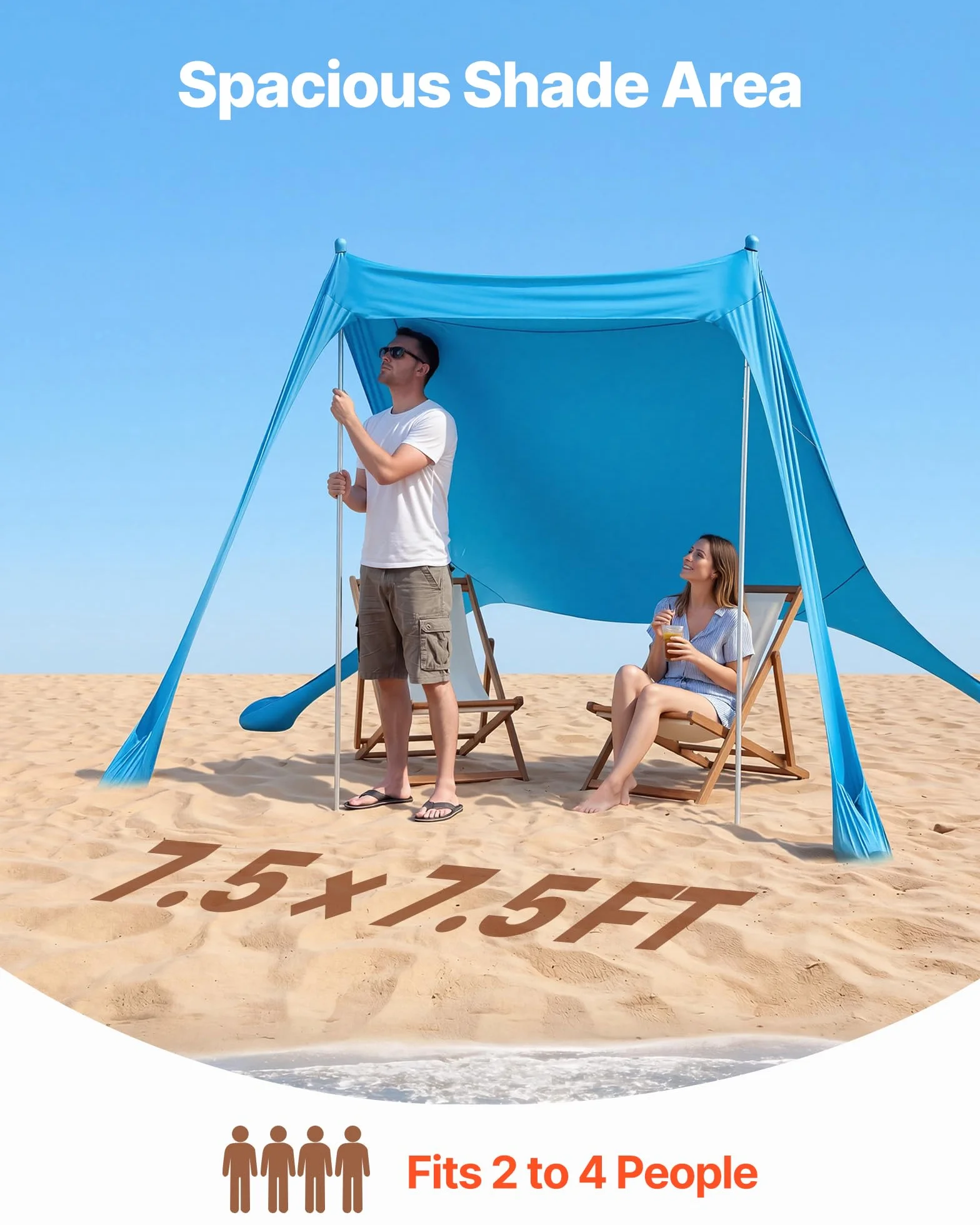 VEVOR Tente de Plage de 2,3x2,3x2 m, Abri Soleil UPF50+, Pare-Soleil Extérieur pour Plage Parc Camping et Pêche, Auvent Protection UV avec Sacs de Sable, Poteaux de Soutien et Pelles à Sable, Bleu
