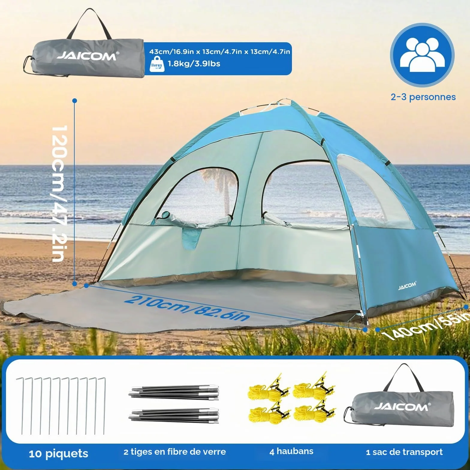 Tente de plage JAICOM pour 2 à 3 personnes, avec protection UV UPF 50+, légère, montage rapide, fenêtres aérées, famille, plage, jardin, camping