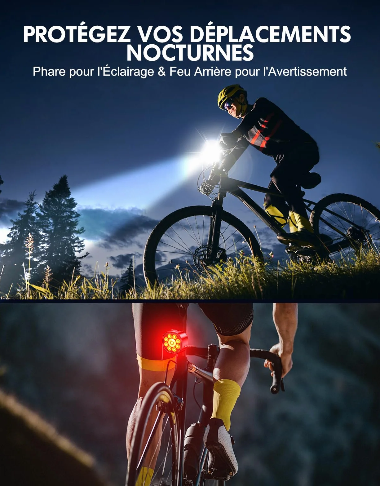 Babacom Lumiere Velo [Spot & Faisceau d'Inondation], Éclairage Vélo Avant et Arrière Rechargeable USB, 8+7 Modes Lampe Velo Moto LED Puissantes Étanche IP65 pour VTT, Trotinette Electrique, Jour/Nuit