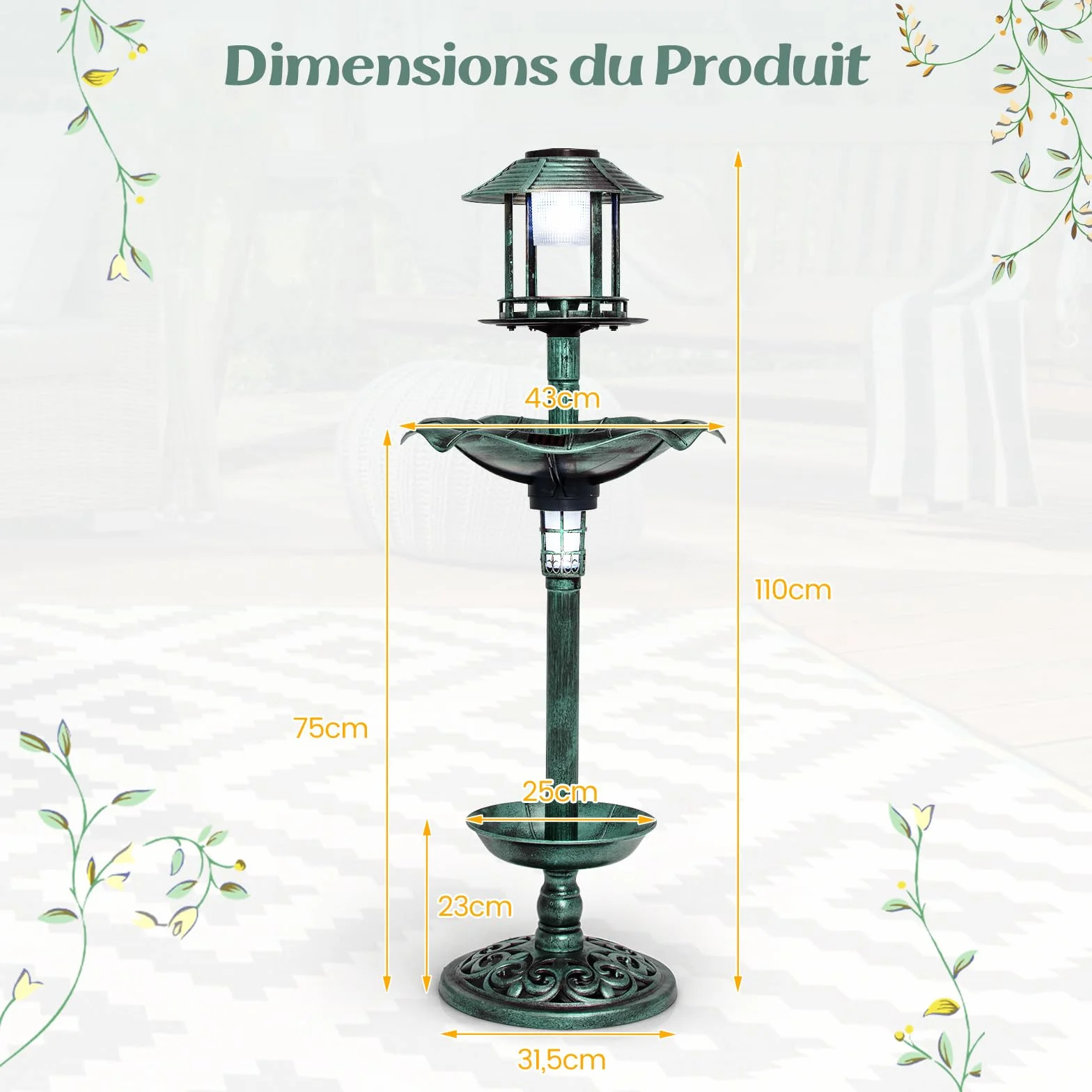 GOPLUS Mangeoire Oiseaux Extérieur Solaire, Bain d'oiseaux sur Pied avec 2 Lampes Solaire, 43x110cm, Vert