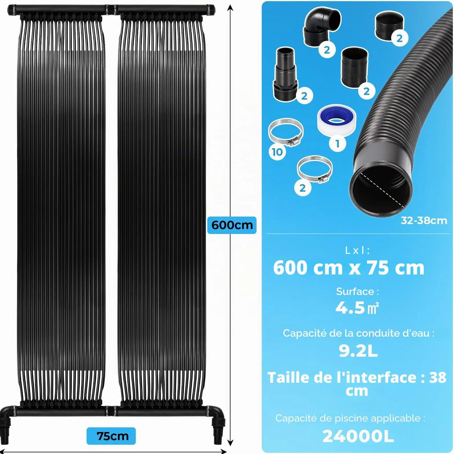 Chauffage Solaire pour Piscine 75x600 cm Tapis Solaire 4,5㎡ Résistant aux UV
