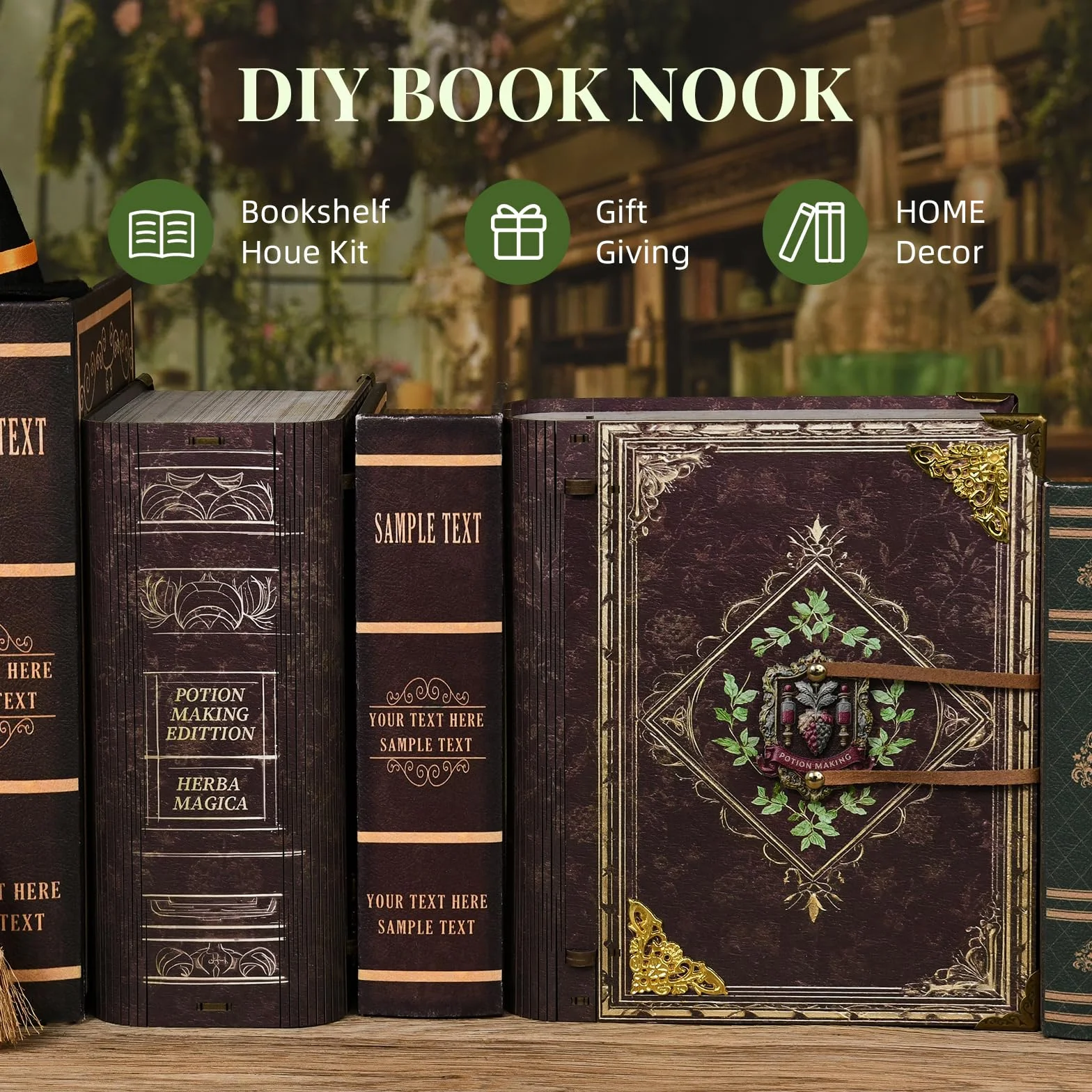 MiniCity Kit Book Nook Puzzle miniature en bois avec lumières LED 3D Maison de poupée Serre-livres Cadeaux créatifs édition Potion-Making