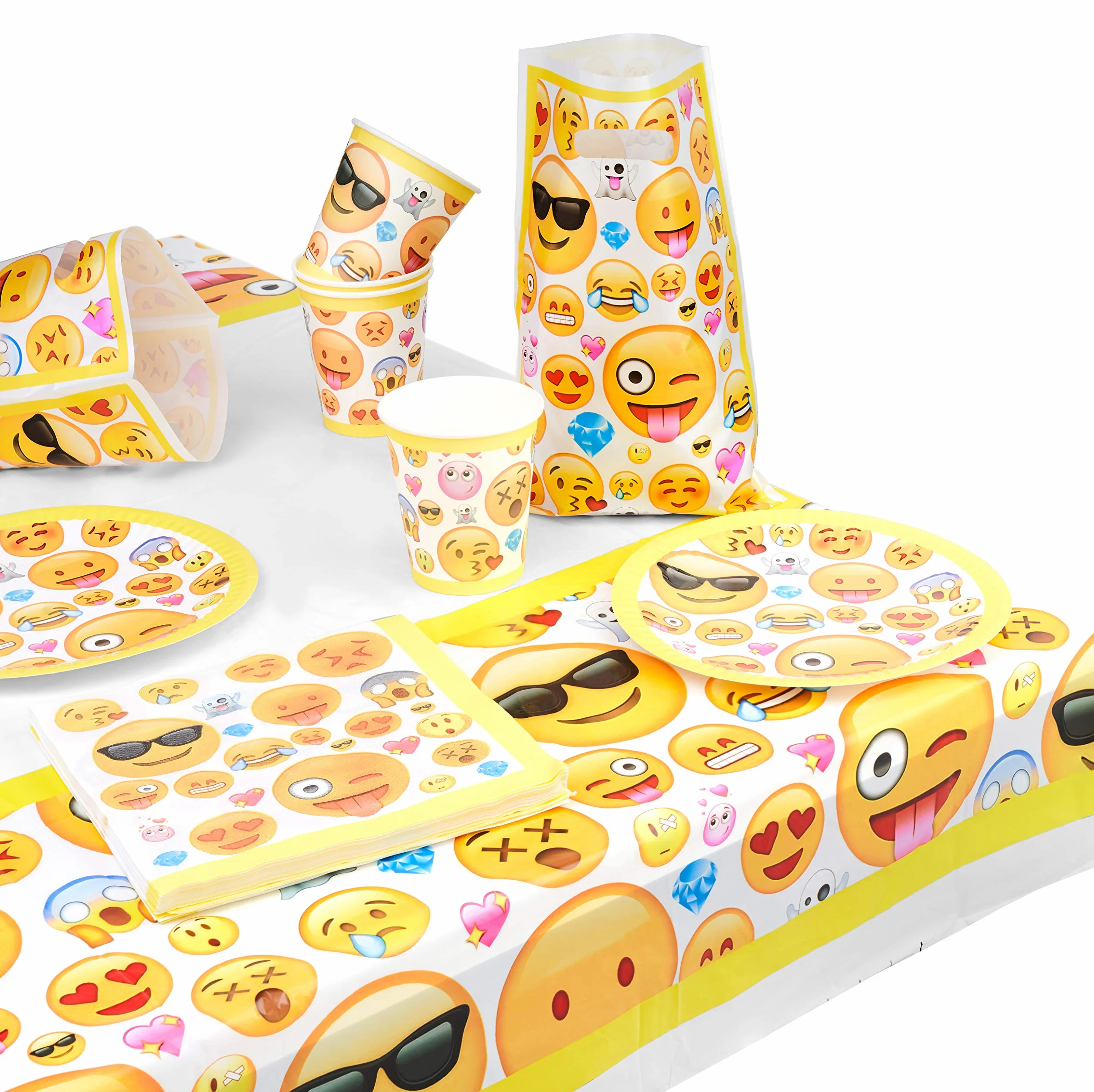 MATANA Vaisselle de Fête Anniversaire Emoji Smiley 76 Pièces Assiettes Gobelets Serviettes Nappe