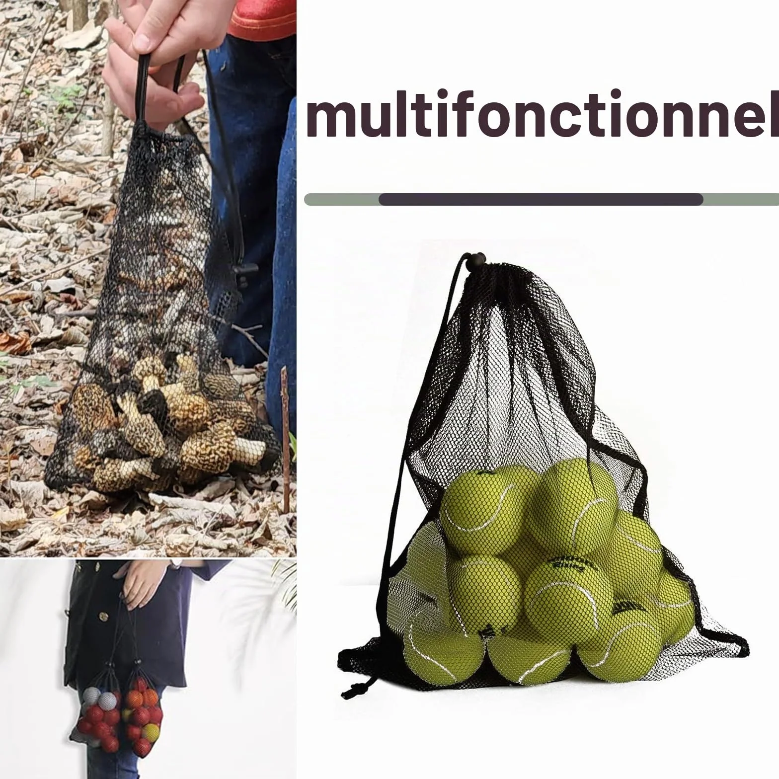 Lot de 6 sacs en maille filet noir pour voyage, cosmétiques, accessoires de sport, rangement des marchandises avec cordon de serrage