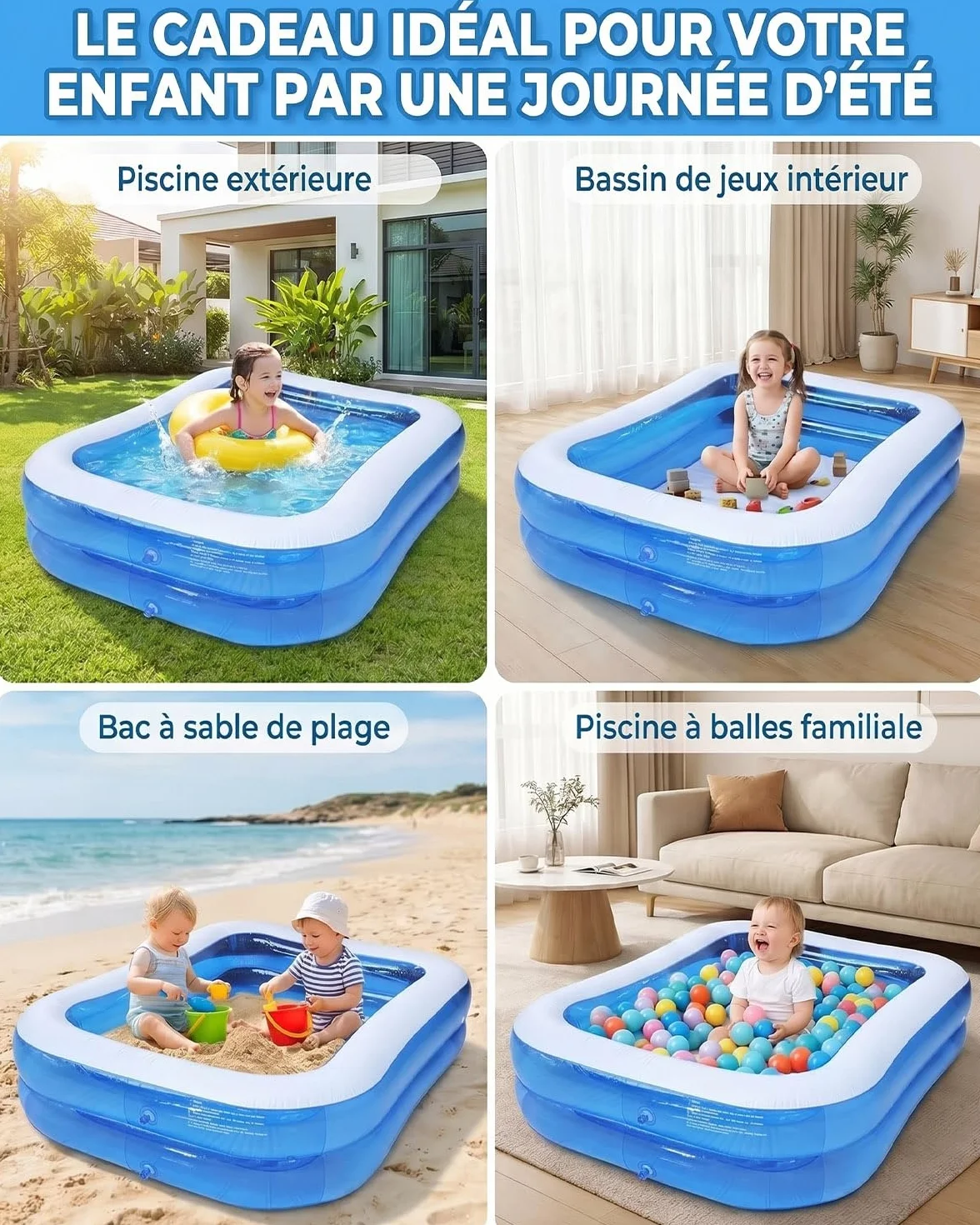 Piscine Gonflable Rectangulaire 260 x 155 x 45 cm, Grande Piscine pour Enfants Adultes, Bassin Pliable Extérieur Jardin