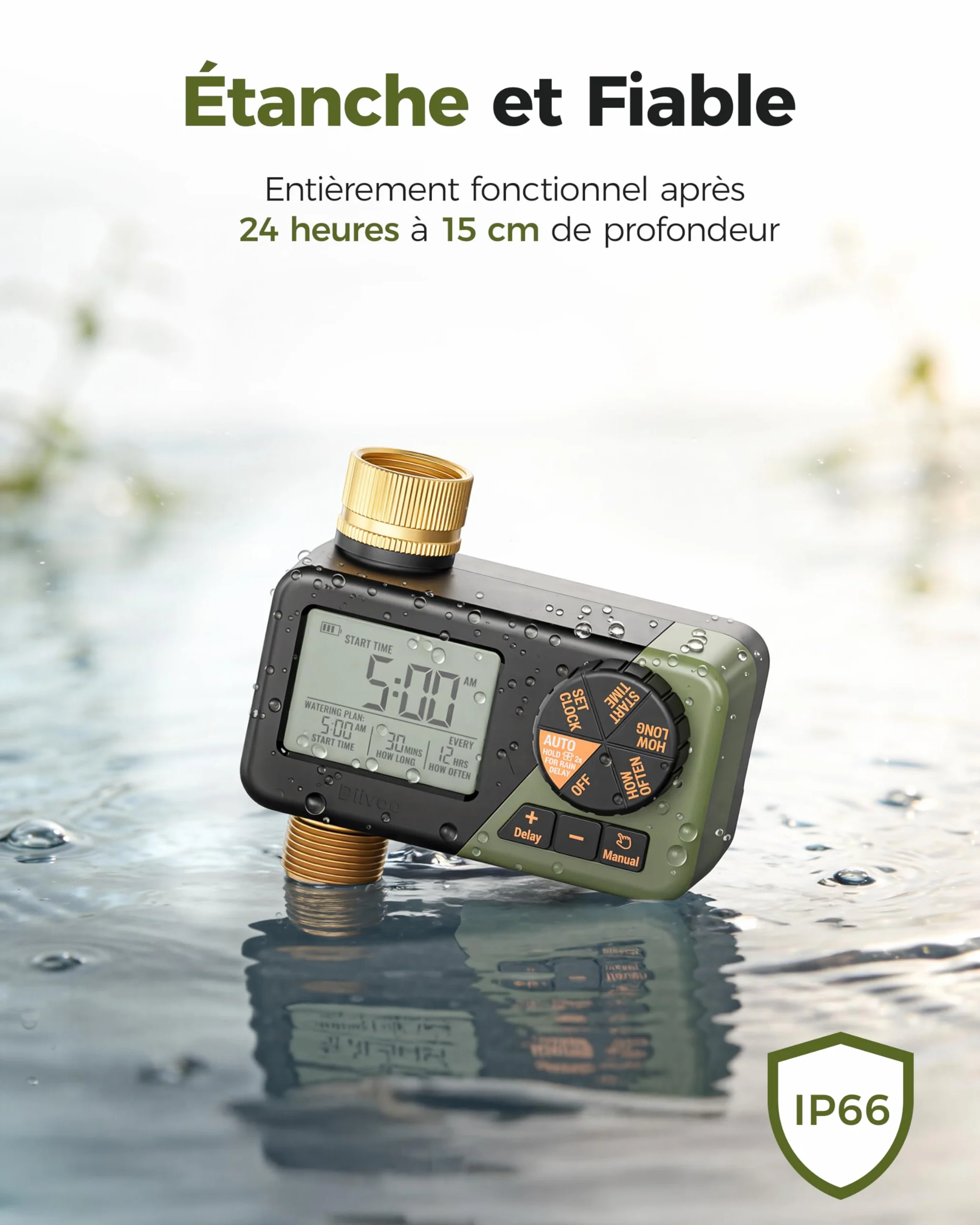 Diivoo Programmateur Arrosage Laiton IP66 Minuteur Arrosage Horaire Hebdomadaire Quotidien Grand Écran LCD