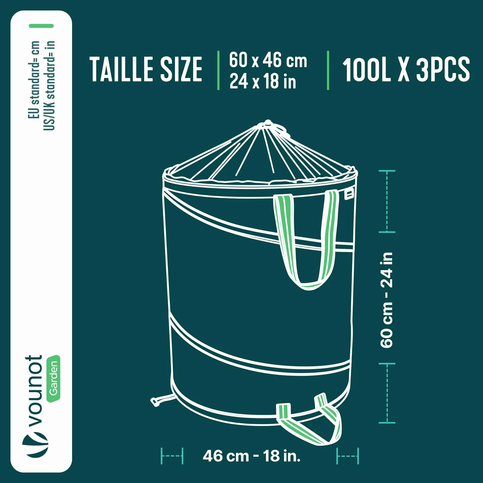 VOUNOT Lot de 3 Sac de Jardin Pop up 100L Polyéthylène Poignées Seau Réutilisable Feuille Sacs déchets Ultra Résistants Pliable Poubelle Vert