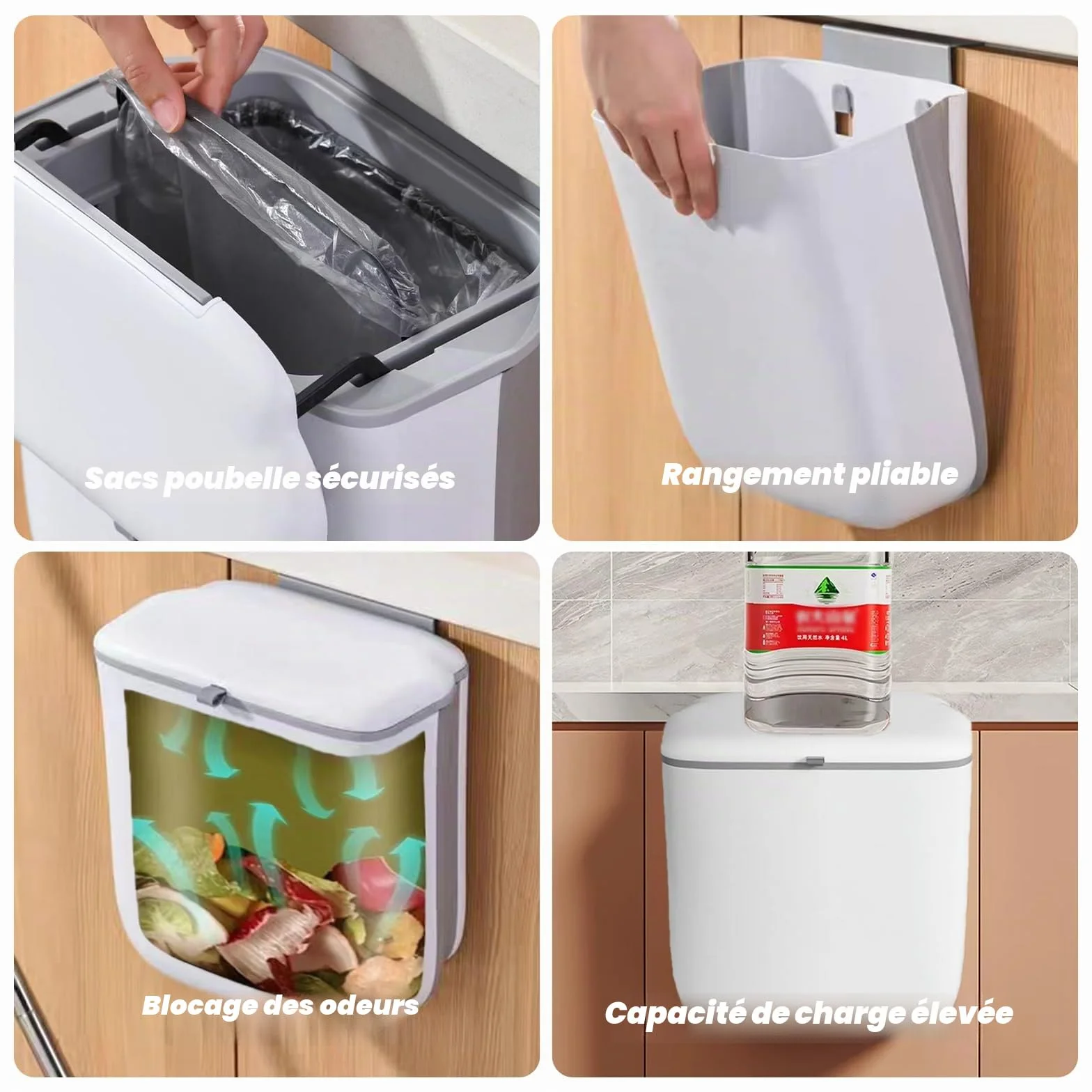 Poubelle de Cuisine Suspendue Pliable 10L Étanche avec Couvercle PP+TPA
