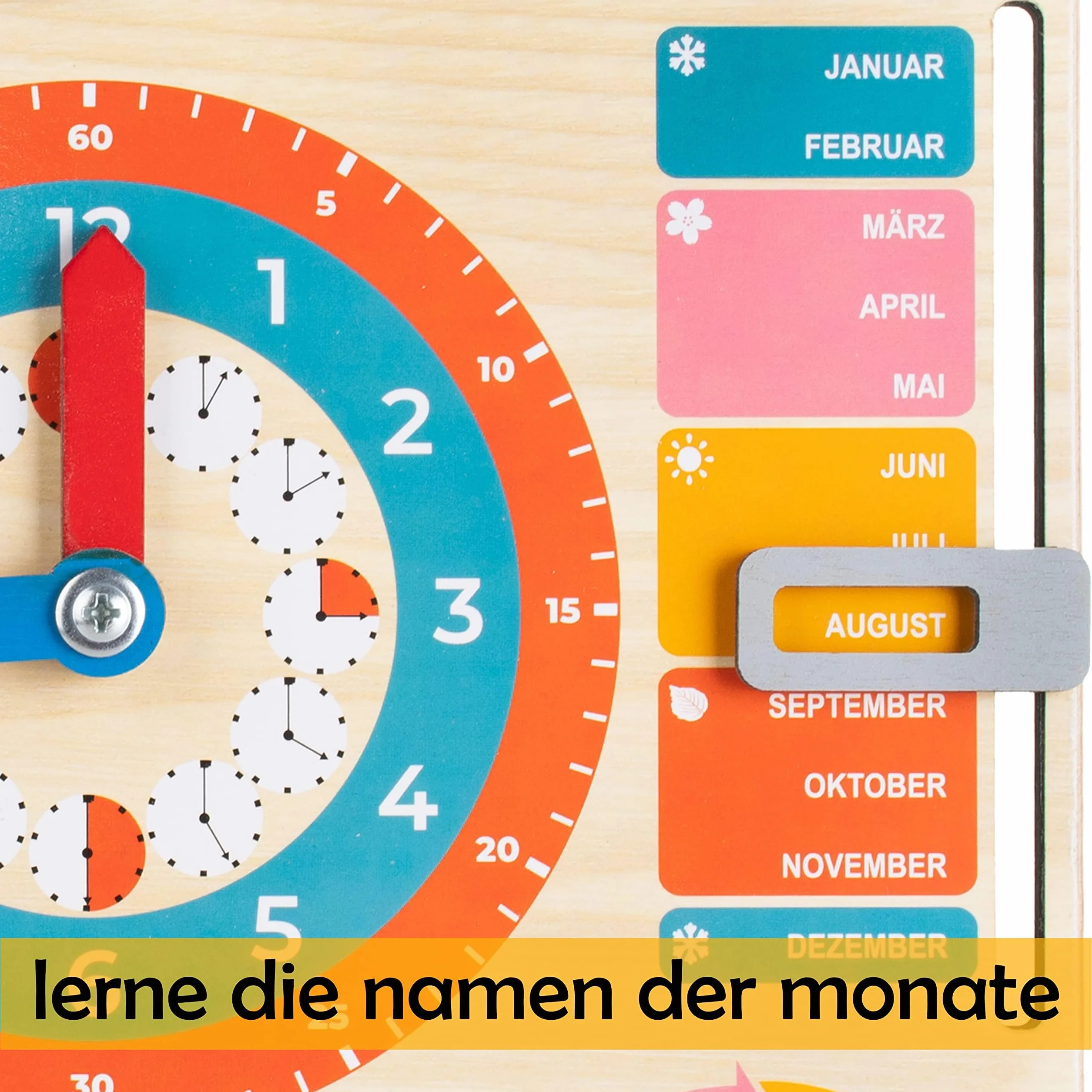 FANCY Jouet en bois Horloge éducative pour enfants Calendrier allemand apprentissage heure date jours semaines mois saisons météo