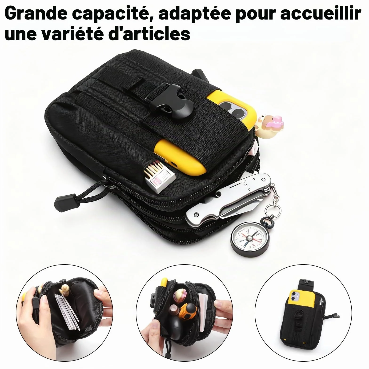 Sacoche Ceinture Tactique Homme avec 1 Mousqueton, Sacoche Ceinture Militaire Noire en Nylon Imperméable, Pochette Ceintures Tactique Étanche pour Outdoor, Travail, Voyage, Randonnée, Vélo