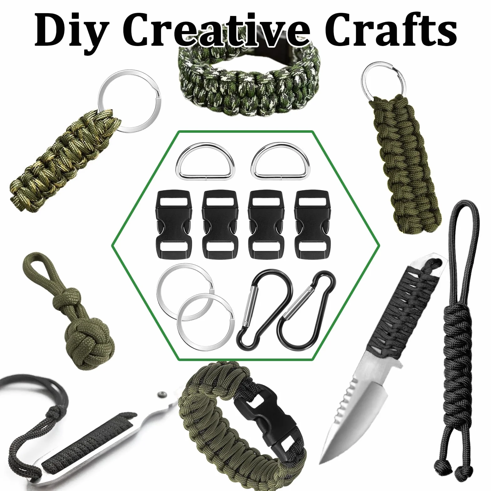 Kit Paracorde Bracelet 15 Pièces, Nylon 4mm x 10 m avec Boucles Mousquetons Porte-clés Anneaux en D pour DIY Plein Air