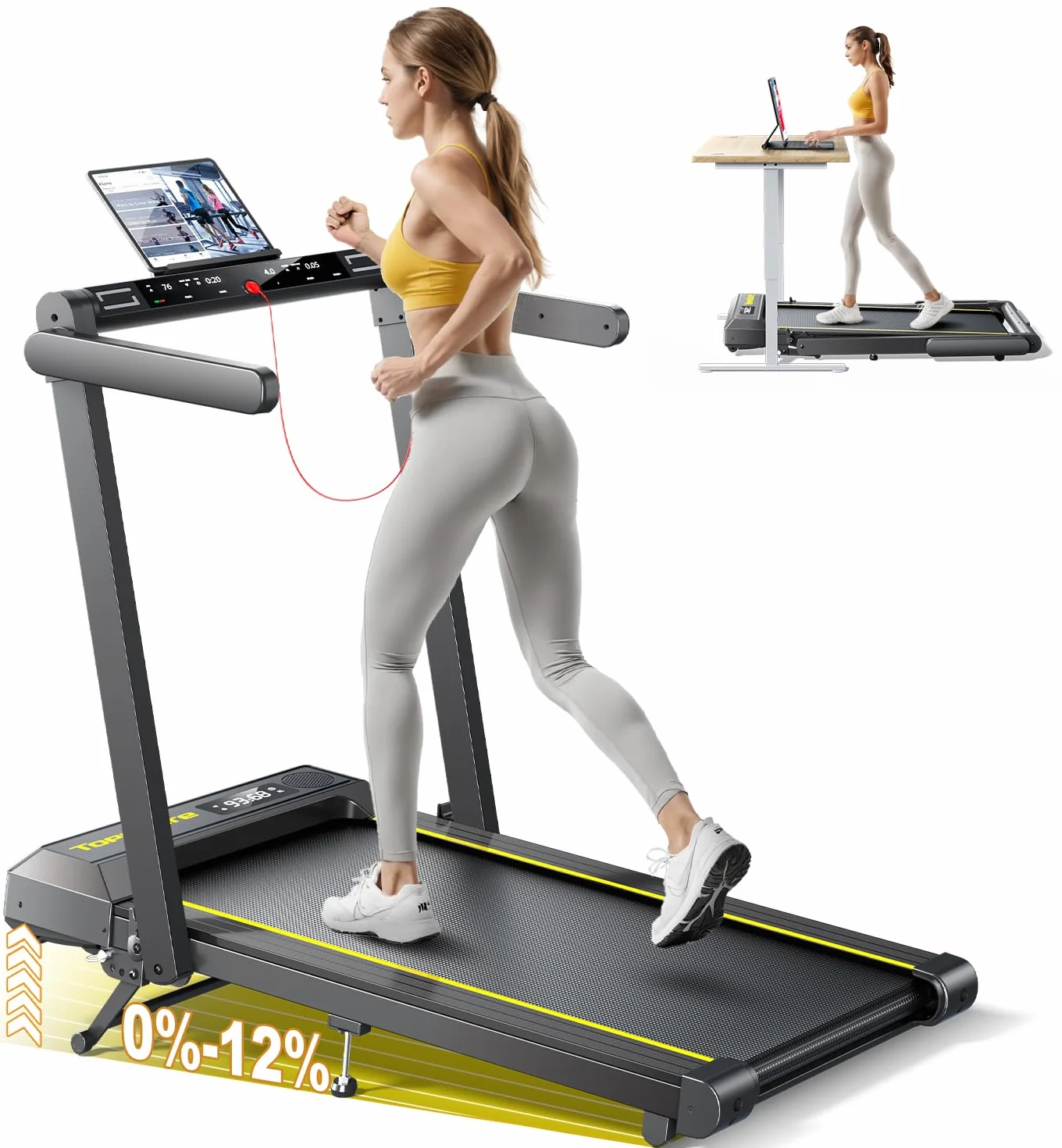 Tapis de Course, Vitesse Max 16 km/h, réglage de la Pente à 3 Vitesses, Max Pente 12%, Bande de Course Large 42cm, 2.5 HP, Tapis de Course électrique Pliable, Double écran LED, Mesure de la fréquenc