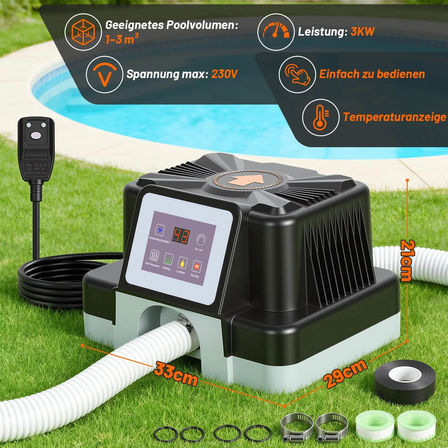 Chauffage de piscine électrique 3 kW, protection FI, anti-basculement, affichage numérique, étanche, pour piscines hors sol 3 m³, raccord 32-38 mm