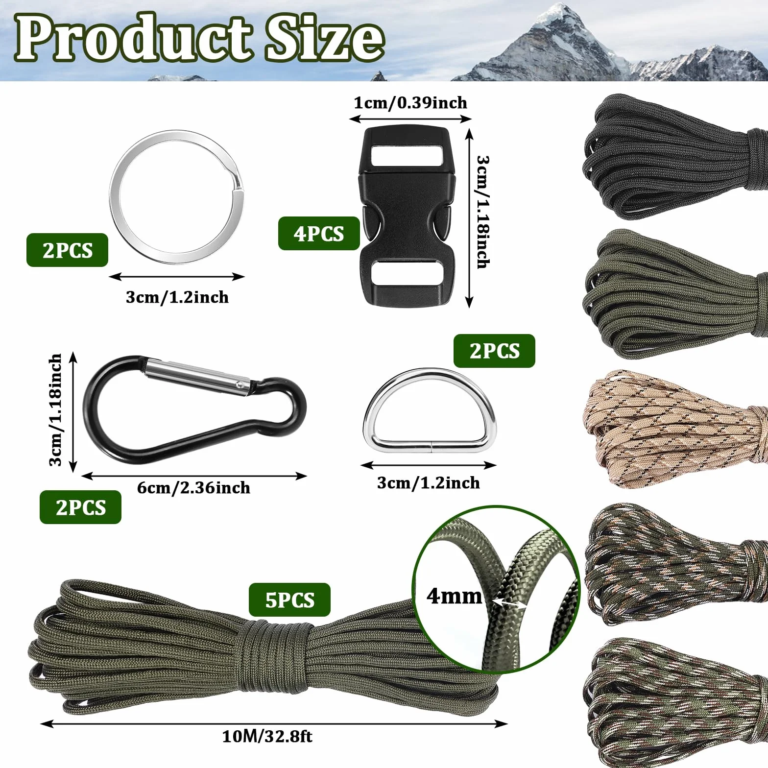 Kit Paracorde Bracelet 15 Pièces, Nylon 4mm x 10 m avec Boucles Mousquetons Porte-clés Anneaux en D pour DIY Plein Air
