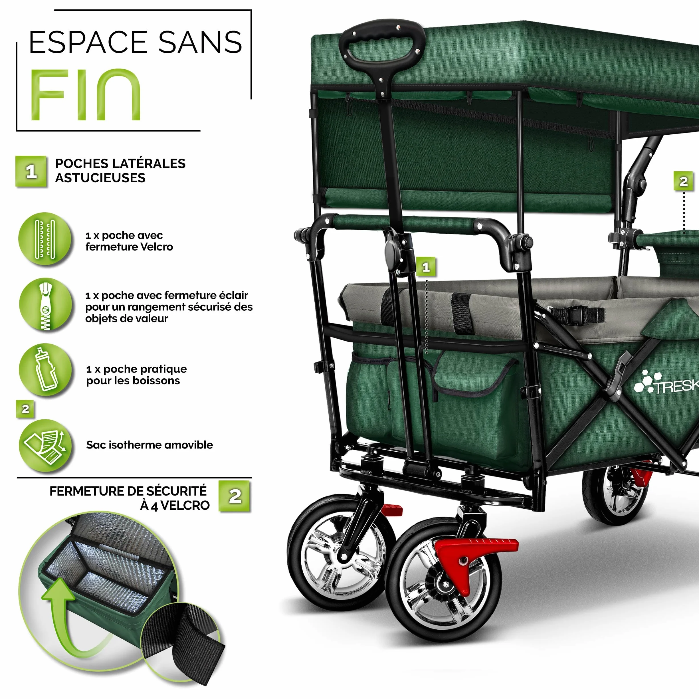 TRESKO Chariot de Transport Pliable avec Sac Isotherme et Frein pour Plage et Jardin