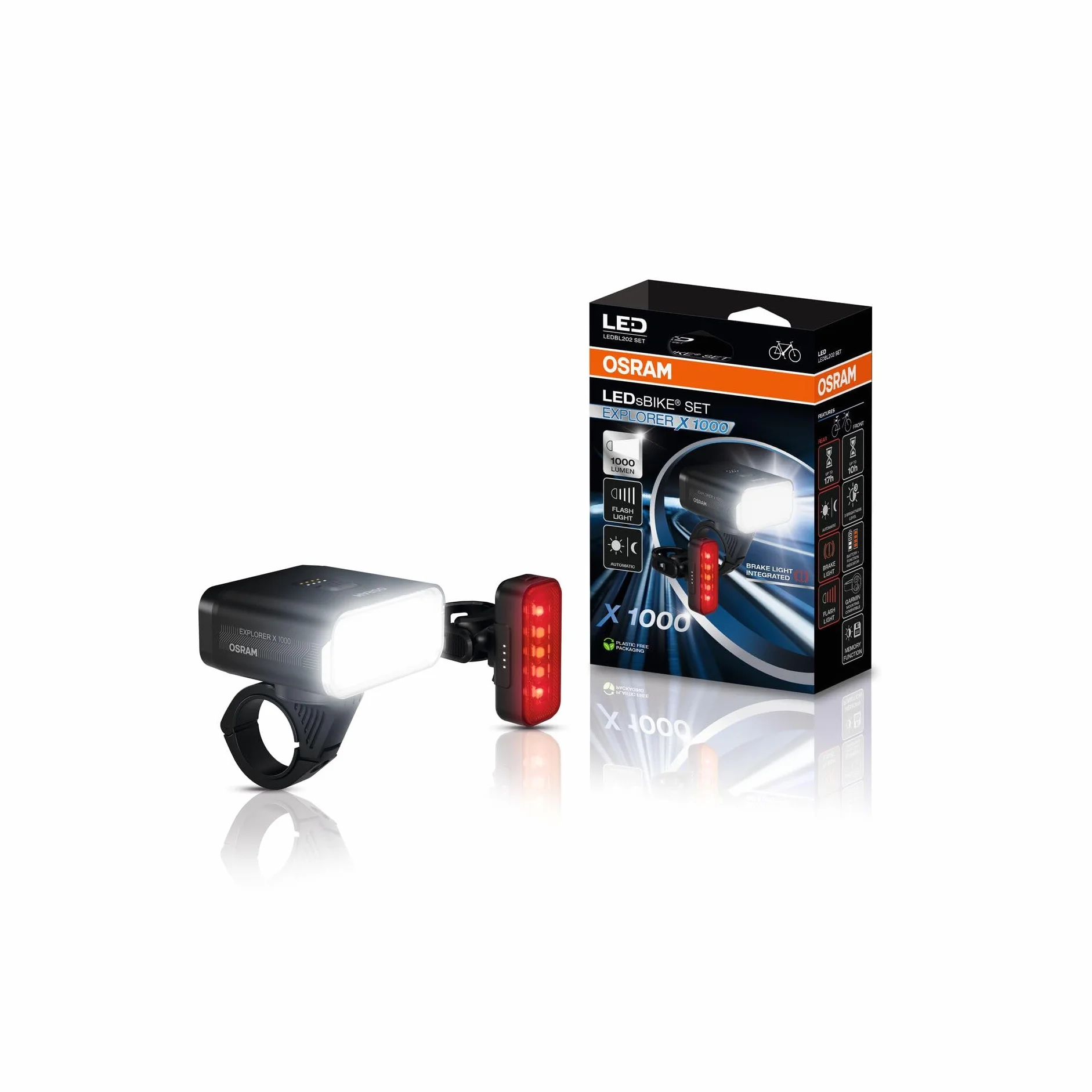 OSRAM LEDsBIKE Explorer X 1000, Kit d'éclairage vélo Rechargeable: Avant et arrière, Tout-Terrain, avec feu Stop, 1000 lumens