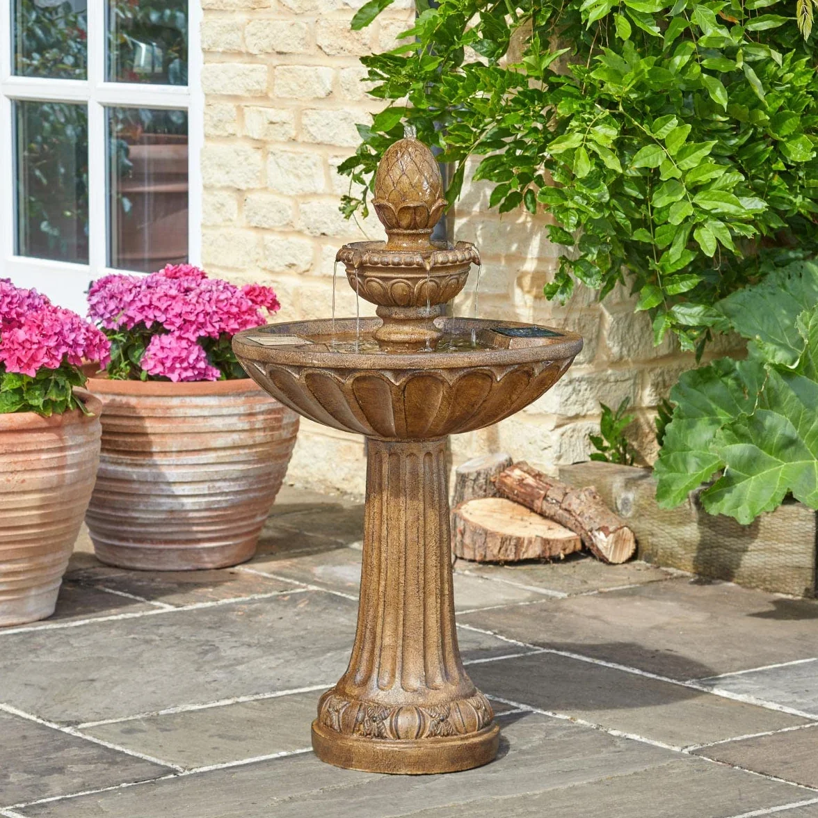 Fontaine solaire de jardin Queensbury 85 cm – Bain d'oiseaux cascade 3 niveaux, effet pierre marron, résine IP44