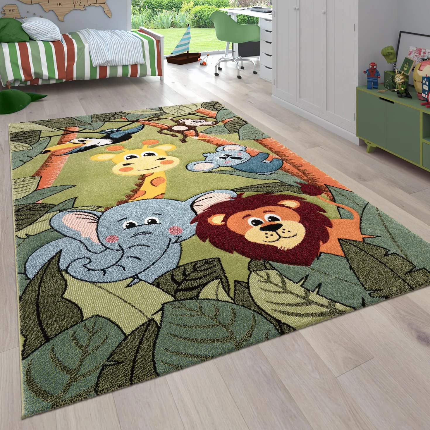 Paco Home Tapis Enfant Poils Ras 80x150 cm Vert Motifs Animaux Jungle