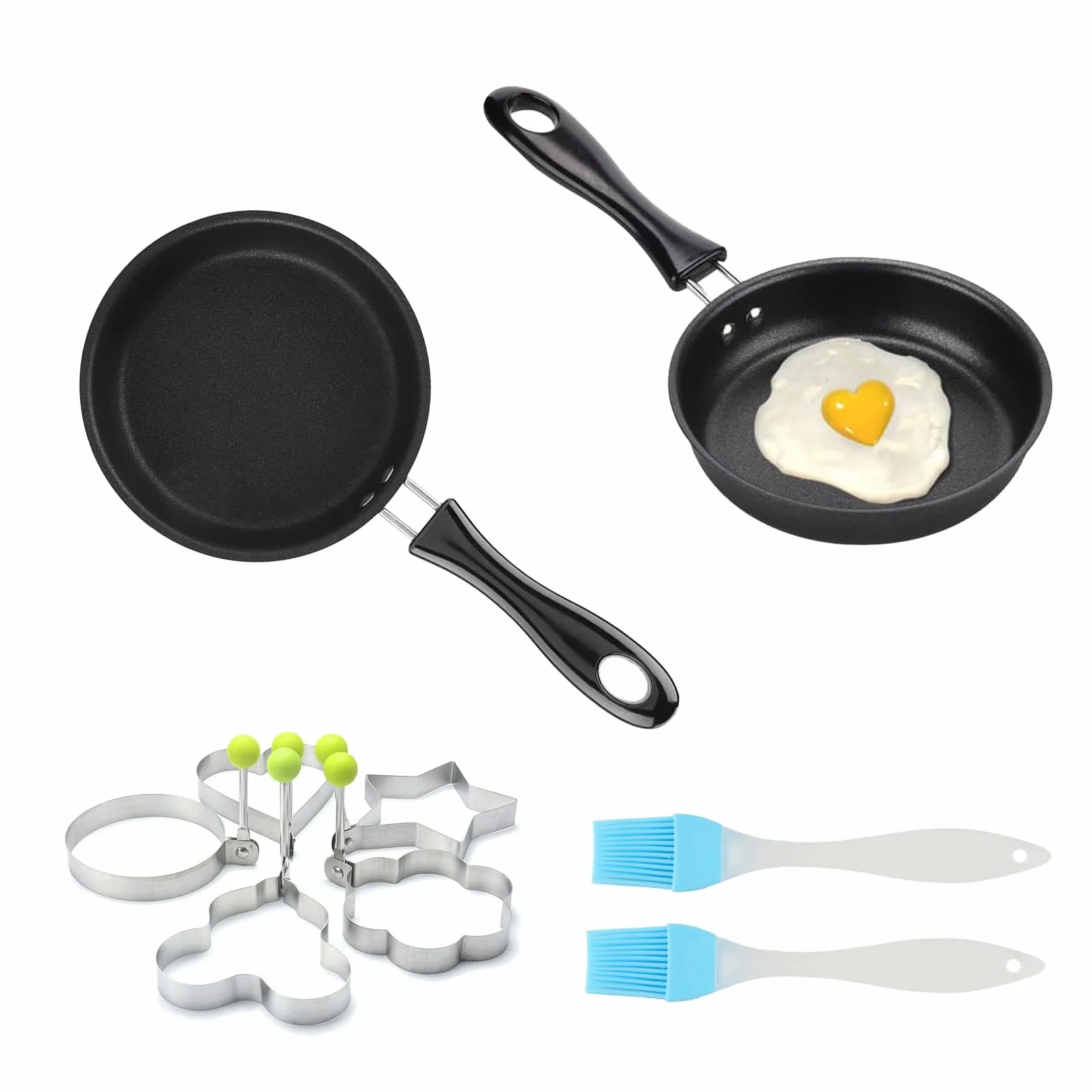 Lot de 2 petites poêles à induction de 12 cm, mini-poêles antiadhésives, poêle à œufs, poêle à œufs au plat, marmite de cuisson résistante à la chaleur, 2 pinceaux à huile