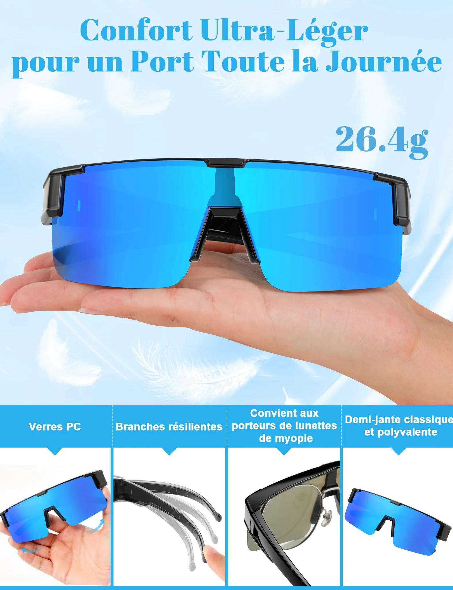 MELLIEX Surlunettes de Soleil, Lunette Velo Homme Lunettes de Soleil Femme Polarisées Protection UV400 Super léger TR90 Cadre pour Conduite Cyclisme Sport et Loisirs