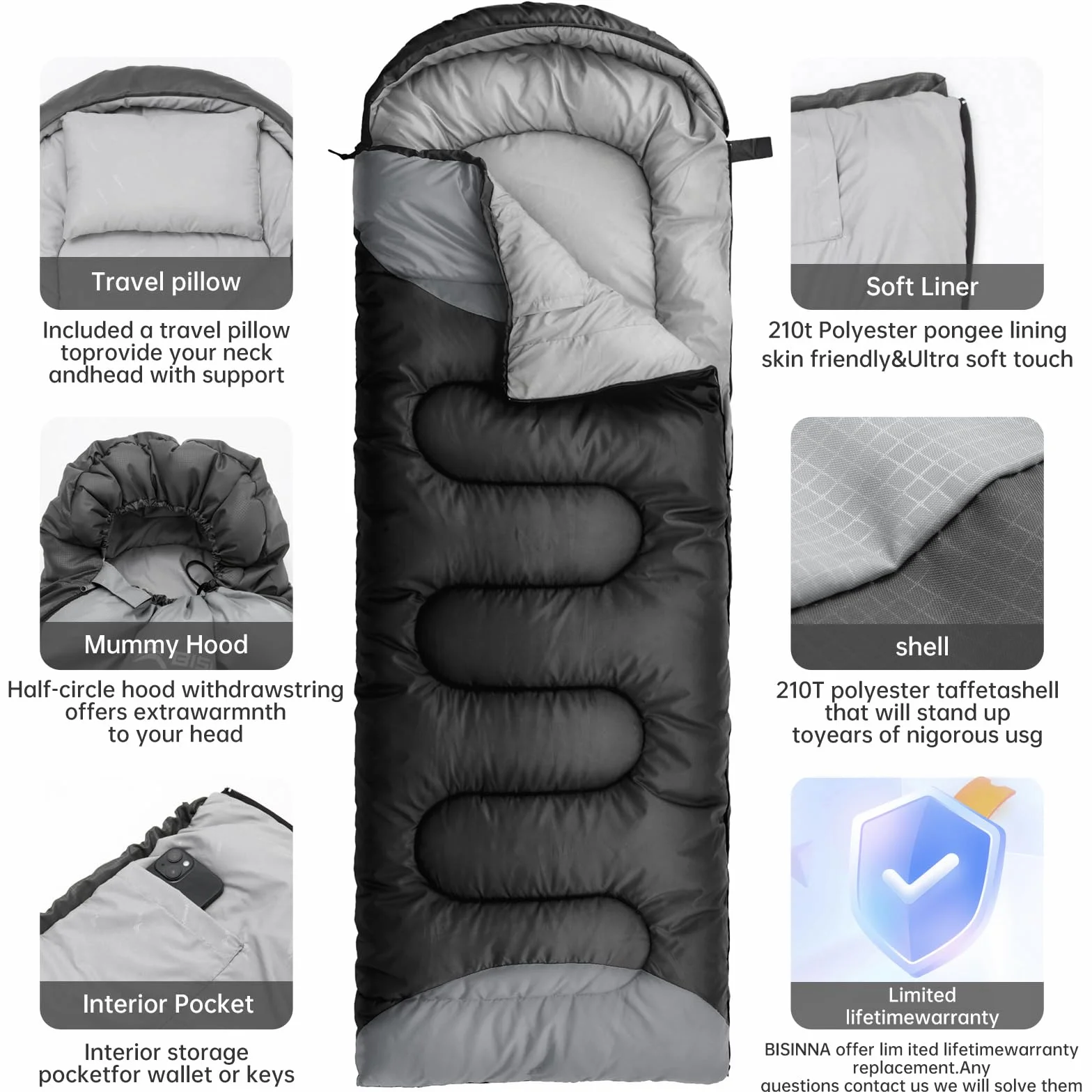 BISINNA Sac de Couchage Chaud Léger 4 Saisons Imperméable avec Oreiller et Sac de Compression pour Camping