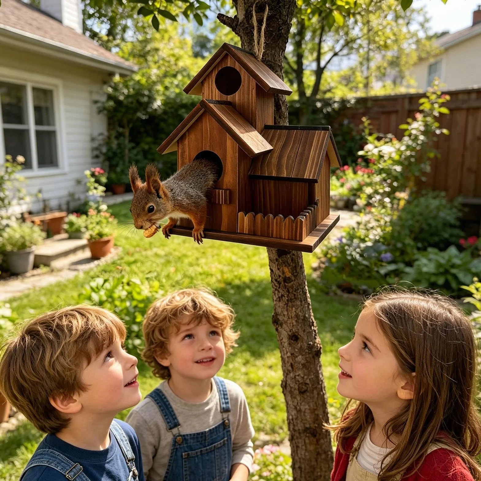 Mangeoire en bois de cèdre 25 cm résistante aux intempéries avec couvercle à charnière et fenêtre pour arbres extérieur