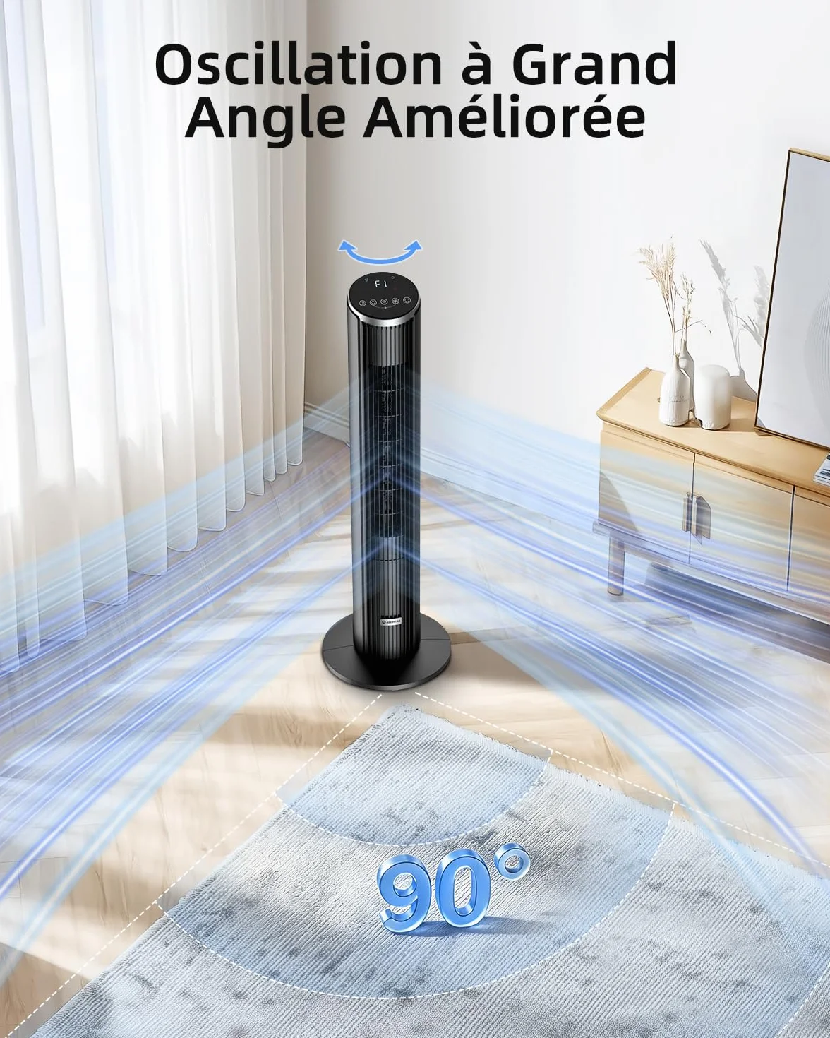 Ateroll Ventilateur Colonne Silencieux 91cm Oscillant 90° Télécommande 4 Vitesses 3 Modes Minuterie 12H Écran LED