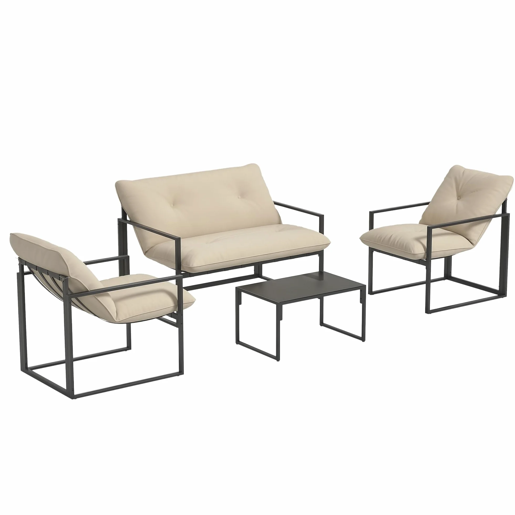 Outsunny Salon de Jardin 4 pièces Coussins Ultra-épais 15cm Ensemble mobilier Bas pour terrasse Canapé 2 Places Table Basse 2 Fauteuils Cadre Acier Noir