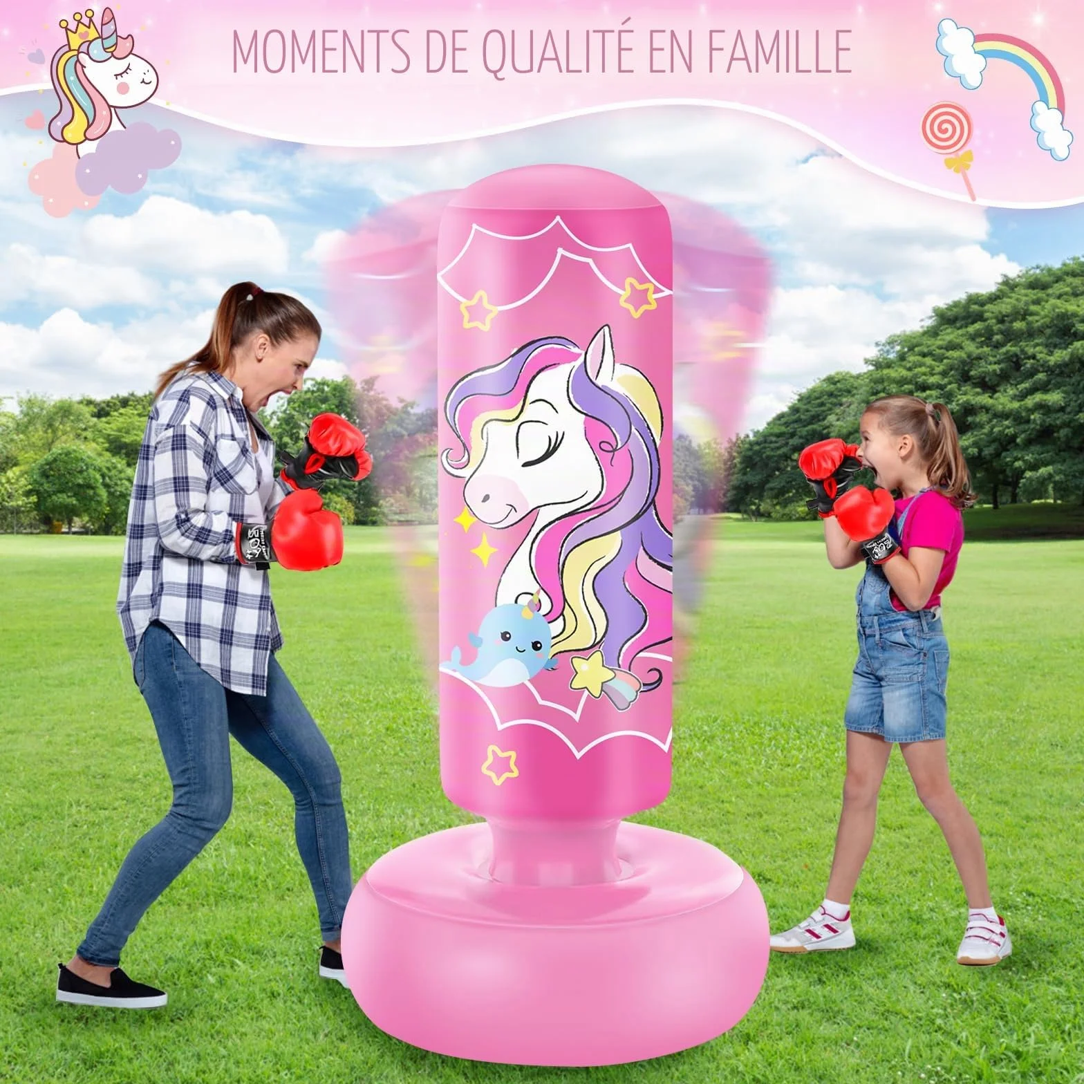 YORWHIN 168cm Sac de Frappe Gonflable pour Enfants avec Gants de Boxe, Sac de Boxe sur Pied, pour Les Enfants, Les Filles, Set de Frappe pour Pratiquer Le Karaté, Le Taekwondo et Le MMA