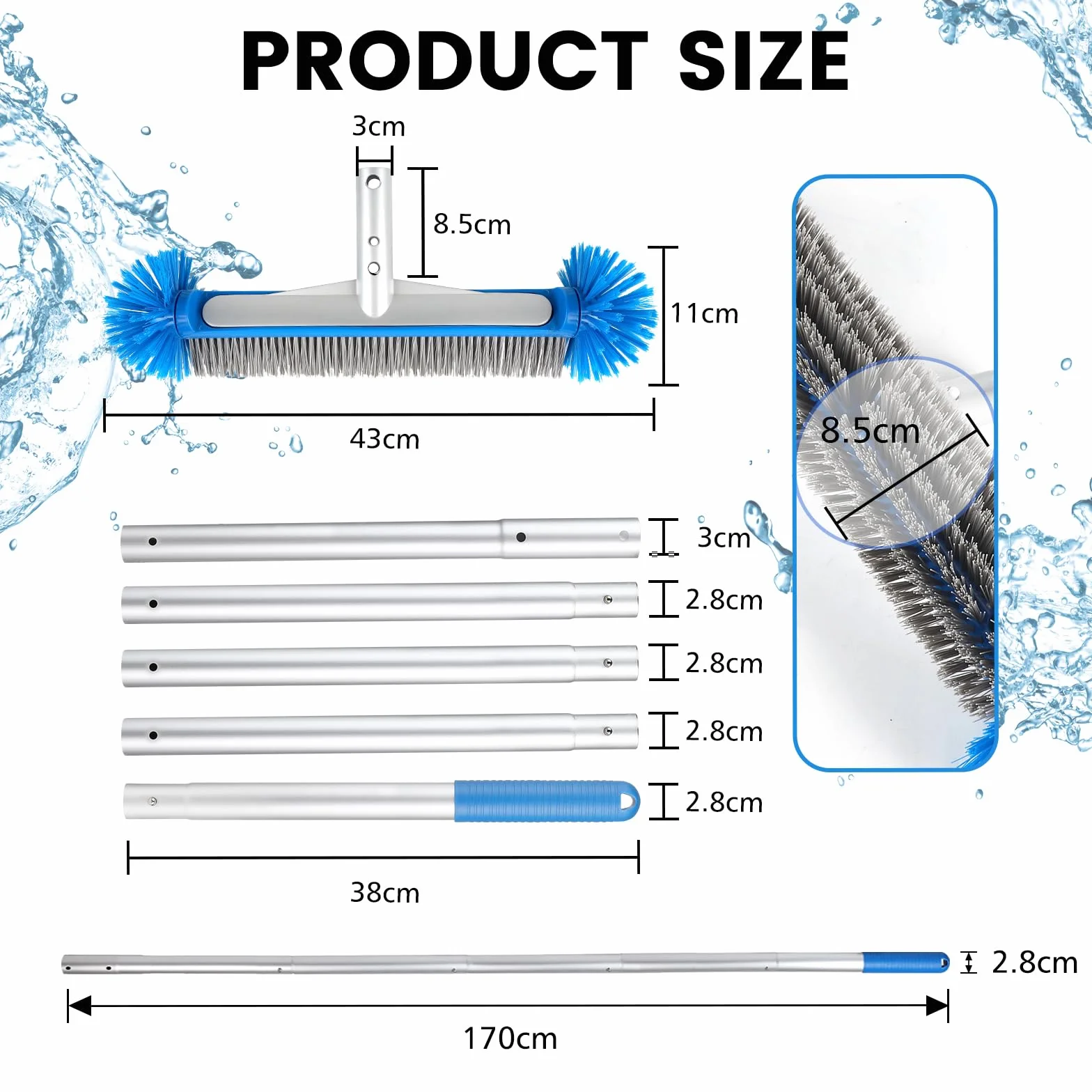 Brosse Piscine Ronde LALAGO avec Perche Amovible Poils Hémisphériques pour Mur et Carrelage
