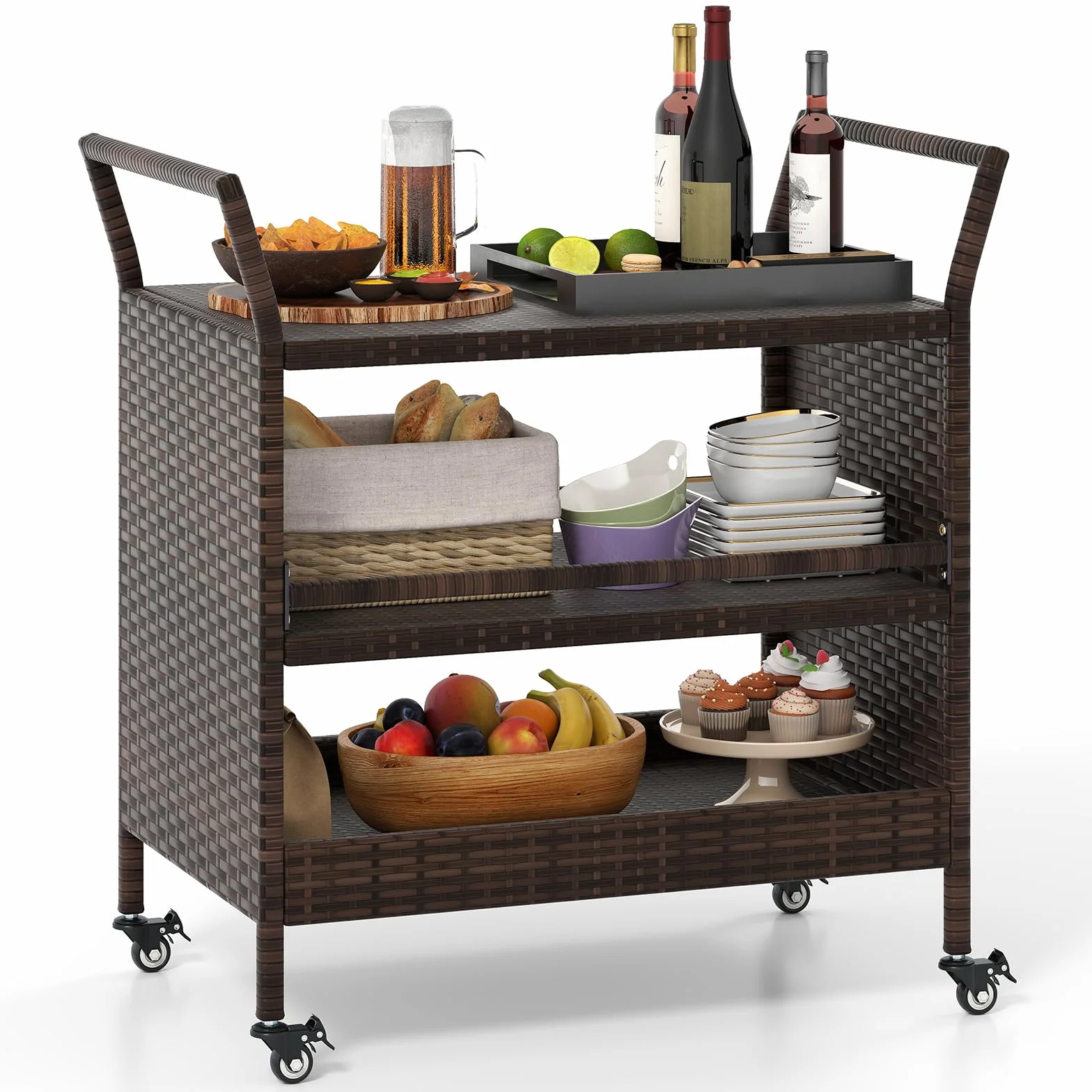 COSTWAY Chariot de Bar Extérieur, Chariot à roulettes en Rotin 3 Niveaux, Table de Service sur Roues pour Jardin