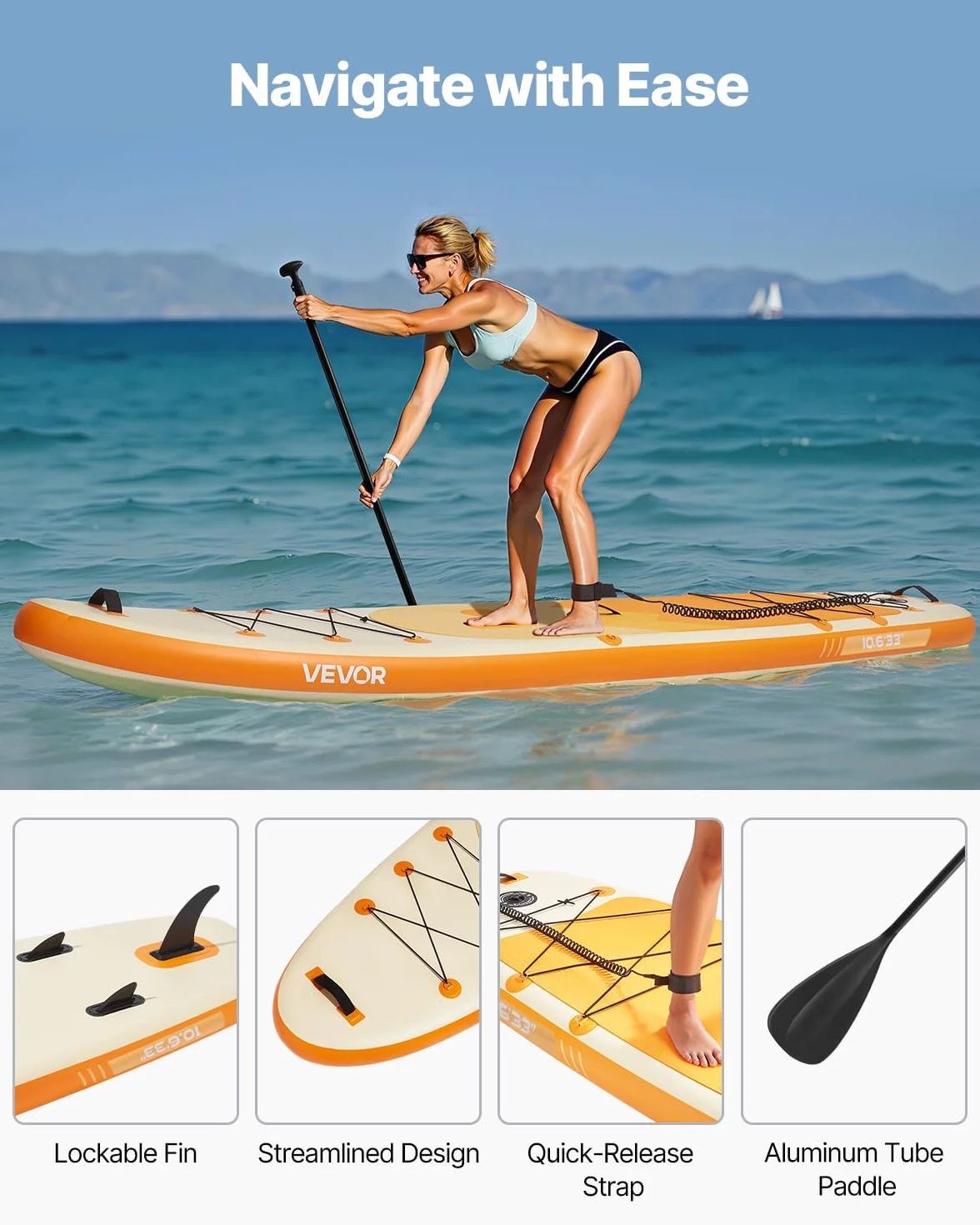 VEVOR Paddle Gonflable, Planche à pagaie Debout Sup, Ultra-légère, avec Accessoires de Pompe, pagaie, aileron, Sac à Dos, Laisse de Cheville, Sangle