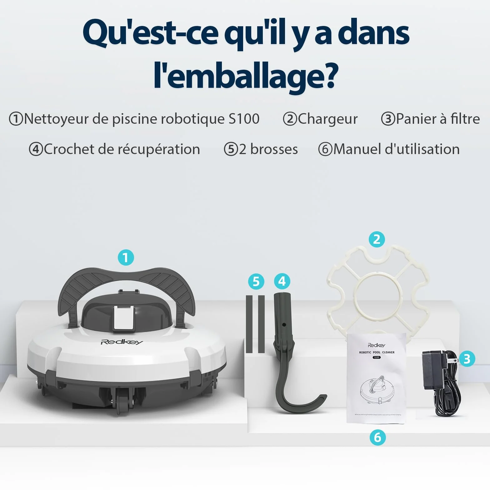 Redkey S100 Robot Piscine Sans Fil, 200Min Nettoyage Puissant 18° Pente, Aspirateur Piscine Hors Sol 120㎡